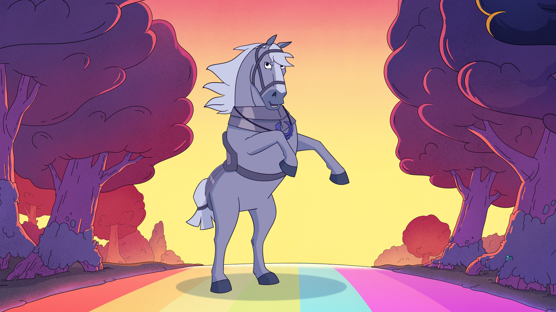 Horse from Centaurworld rearing on a rainbow road with trees in the background.