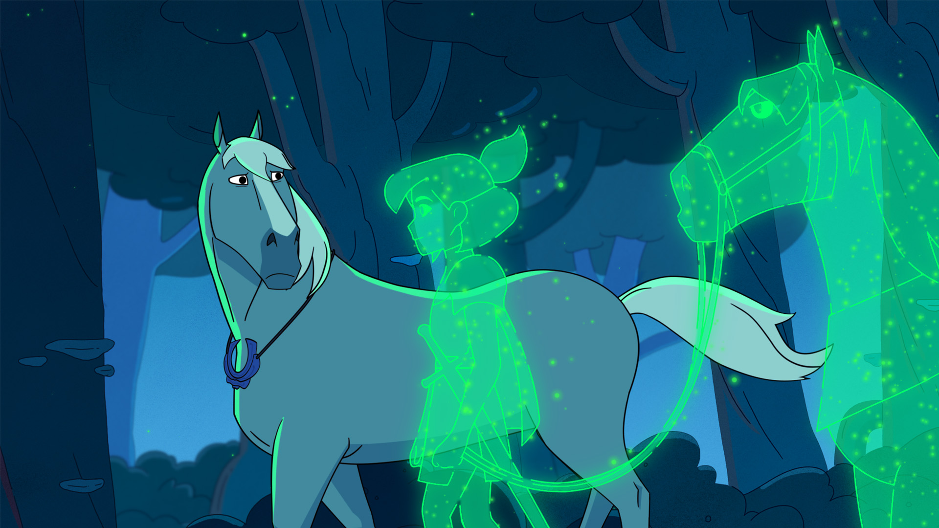 Horse from Centaurworld sadly watches a vision of himself and Rider walking beside him.