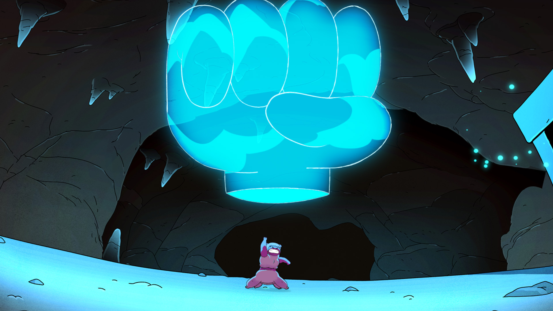 Wammawink from Centaurworld in a cave pointing her first upwards in rage while a giant blue hand hovers above her.