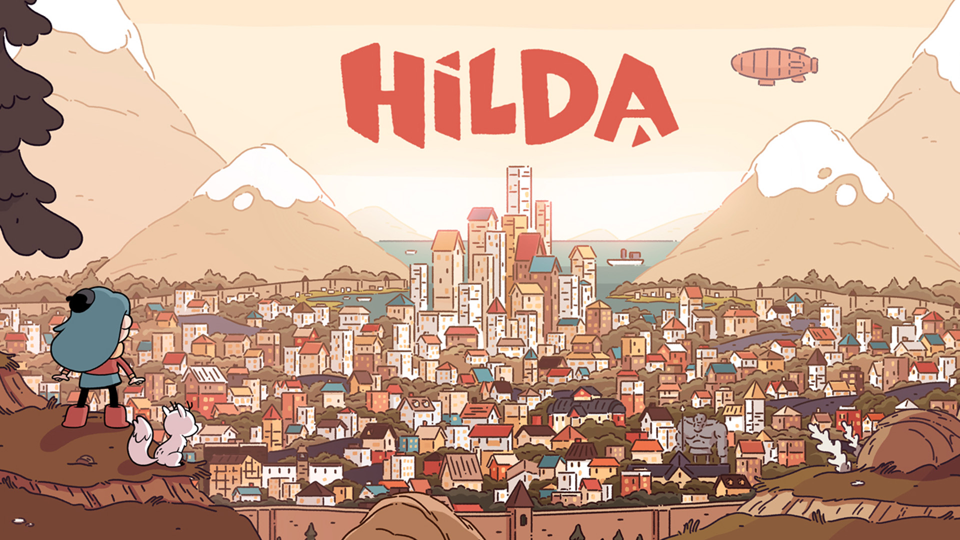 Hilda and Twig are standing on a hill with their backs turned as they stare over the city of Trolberg during the day. The word ‘Hilda’ is overlayed.
