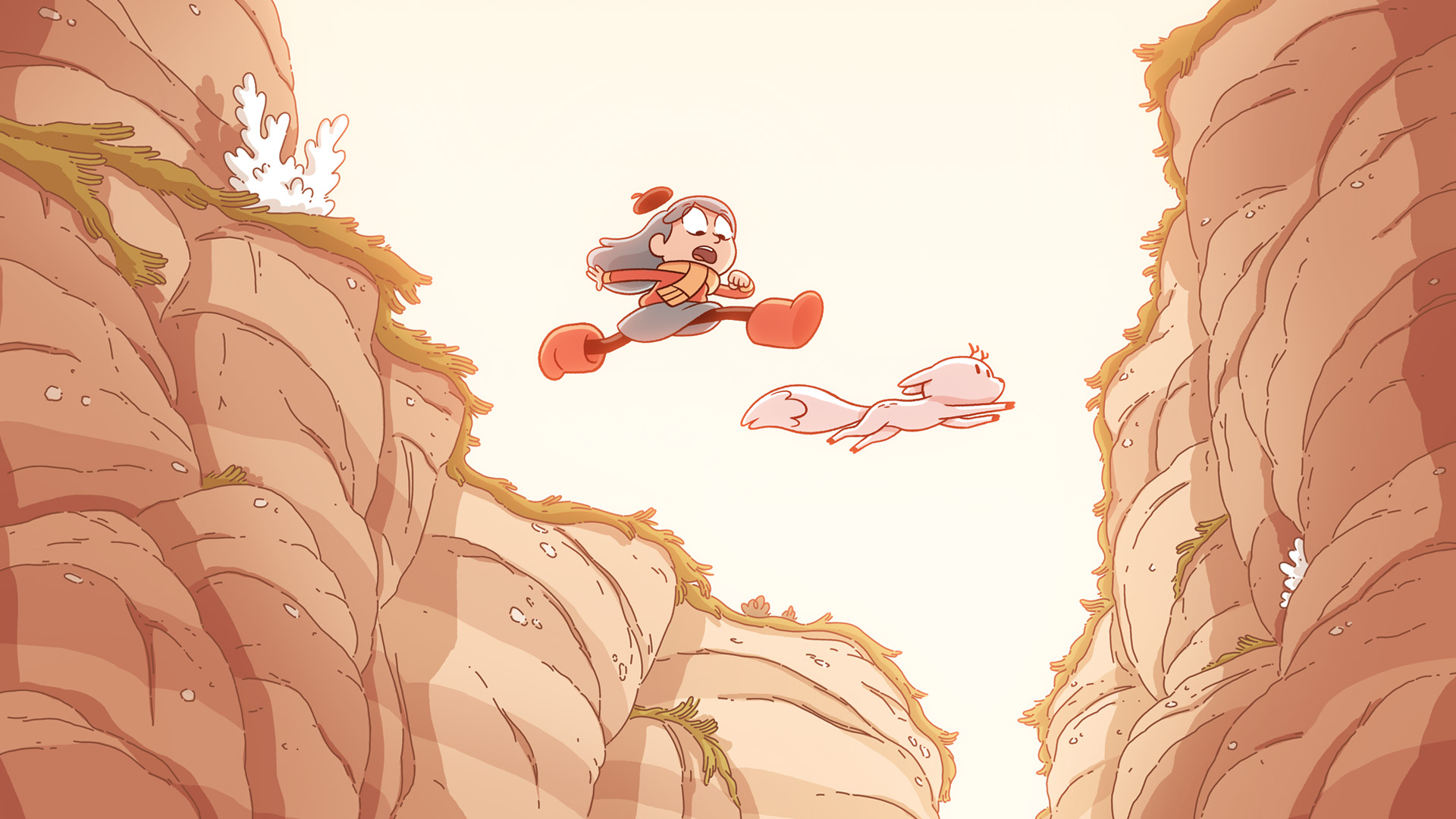 Hilda and Twig jumping off a cliff to reach the other side.