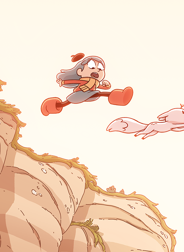 Hilda and Twig are jumping off a cliff to reach the other side.