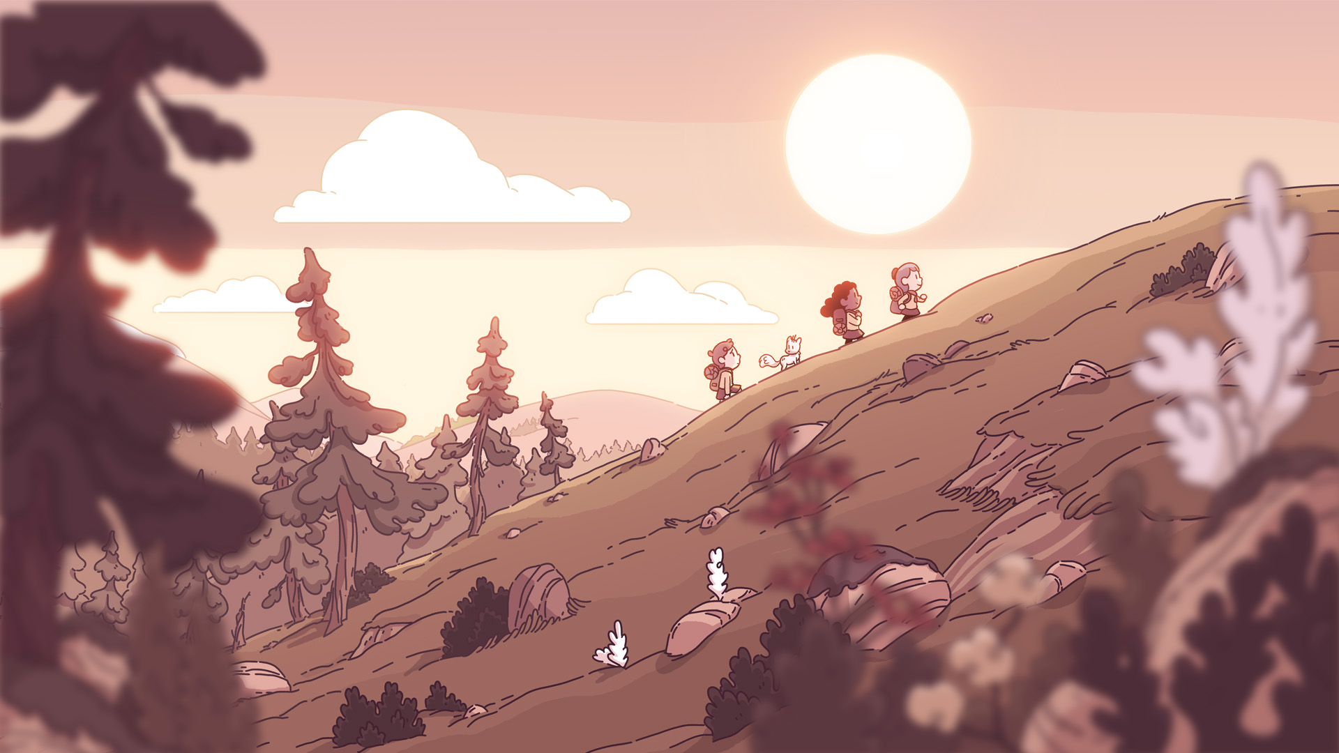 Hilda, Frida, David, and Twig are in the distance as they walk up a hill at sunrise with the sun in the sky in the background.