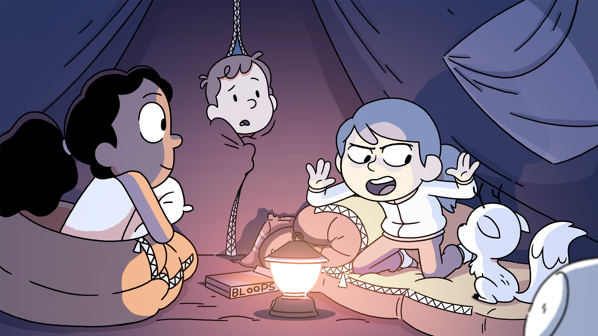 Hilda, David, Frida, and Twig are in a dark tent with a lantern on the ground while Hilda crouches with her arms up as she tells a scary story.