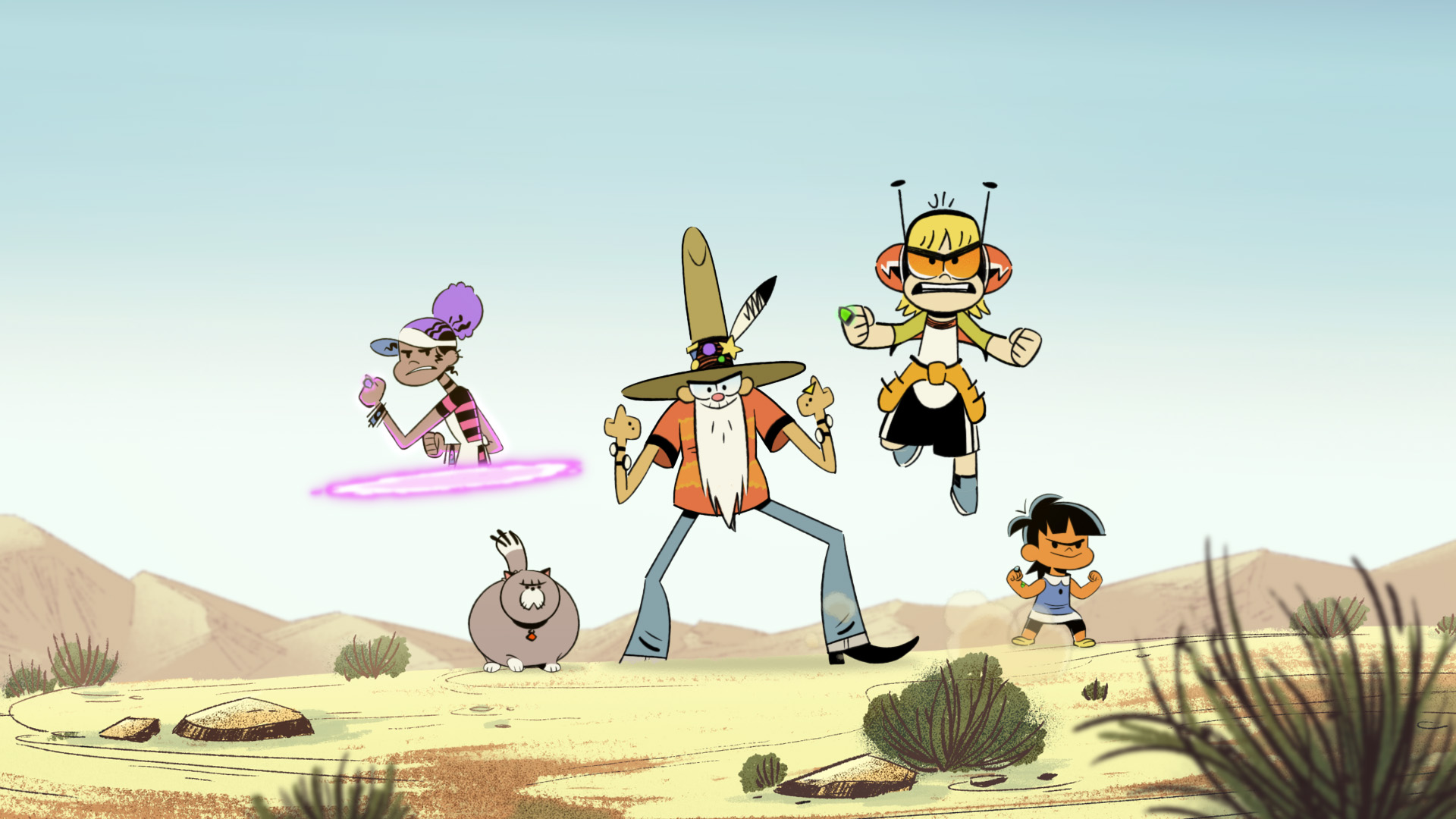 Kid, Jo, Rosa, Papa G, and Tuna Sandwich from Kid Cosmic are in the dessert during daytime posing as Kid flies in the air and Jo floats out of a purple portal.