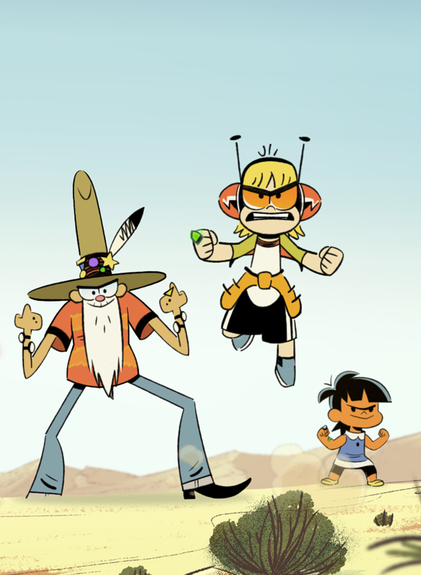 Kid, Jo, Rosa, Papa G, and Tuna Sandwich from Kid Cosmic are in the dessert during daytime posing as Kid flies in the air and Jo floats out of a purple portal.