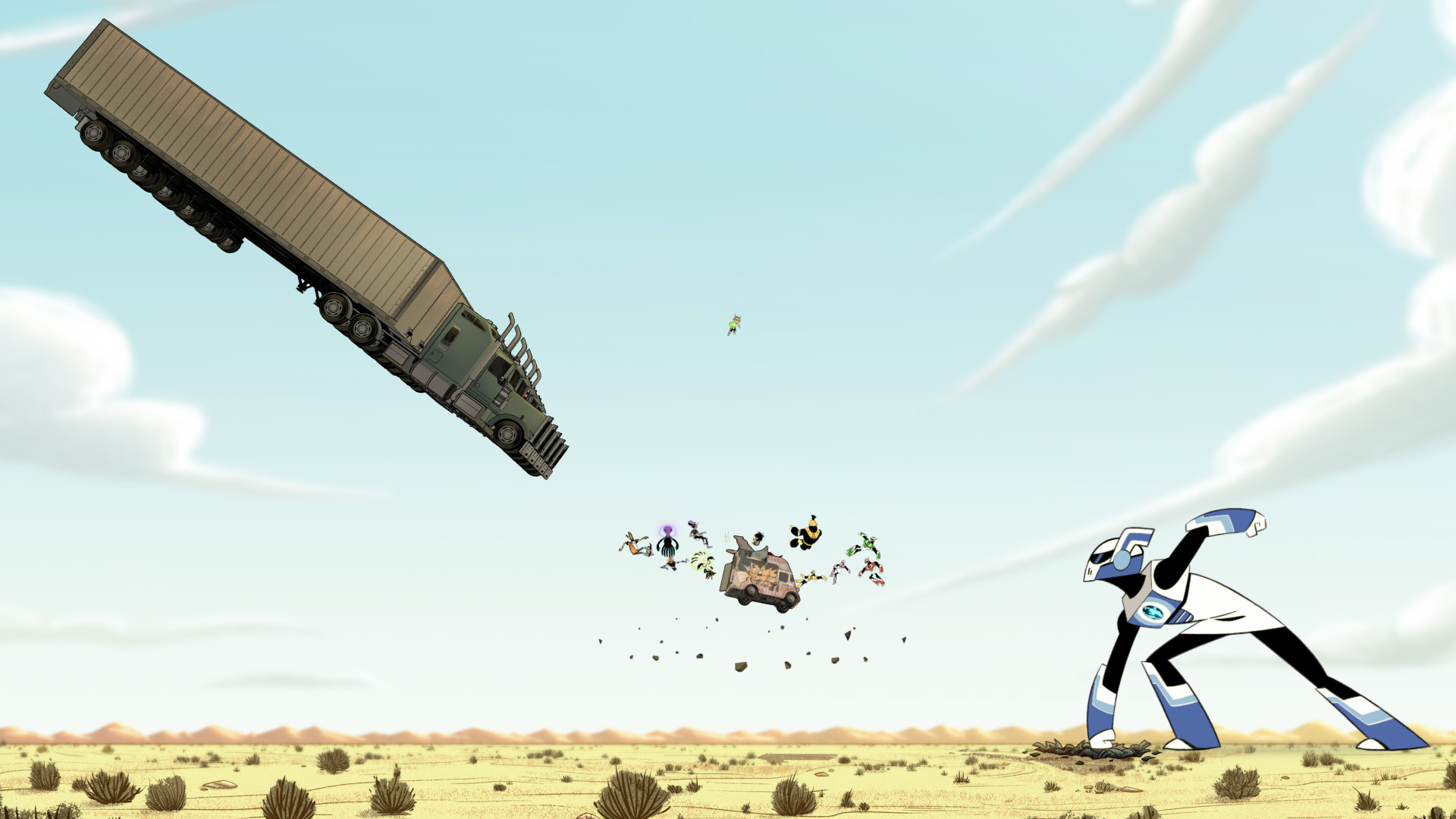 Kid from Kid Cosmic flies above a van in the air with aliens falling out as a giant robot gets ready to destroy a transport truck flying in the air towards the van.