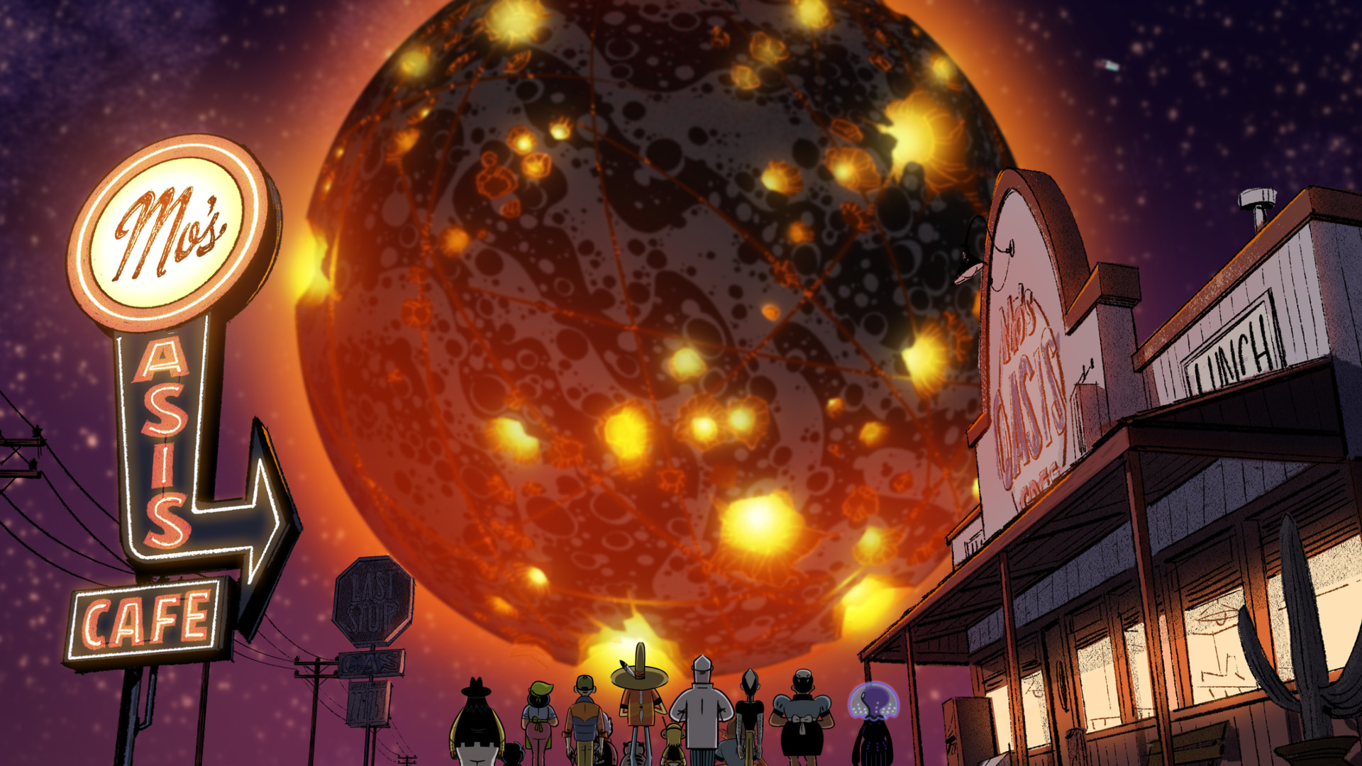 The characters from Kid Cosmic are standing far away with their backs turned watching a planet explode while a sign stands beside them displaying the words ‘Mo’s Cafe’.