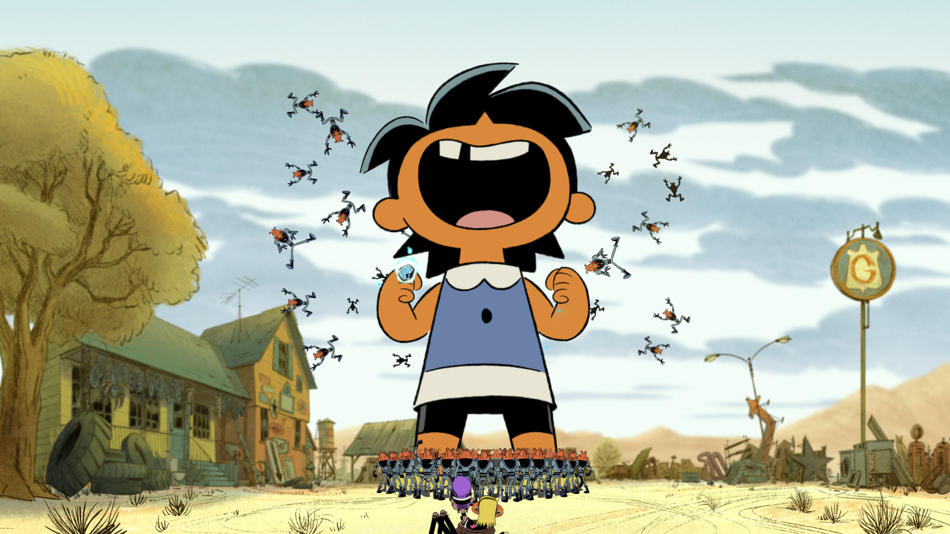 Rosa from Kid Cosmic uses her power to grow taller throwing aliens attacking her into the air while more aliens stand at her feet and Kid and Jo watch from a distance.