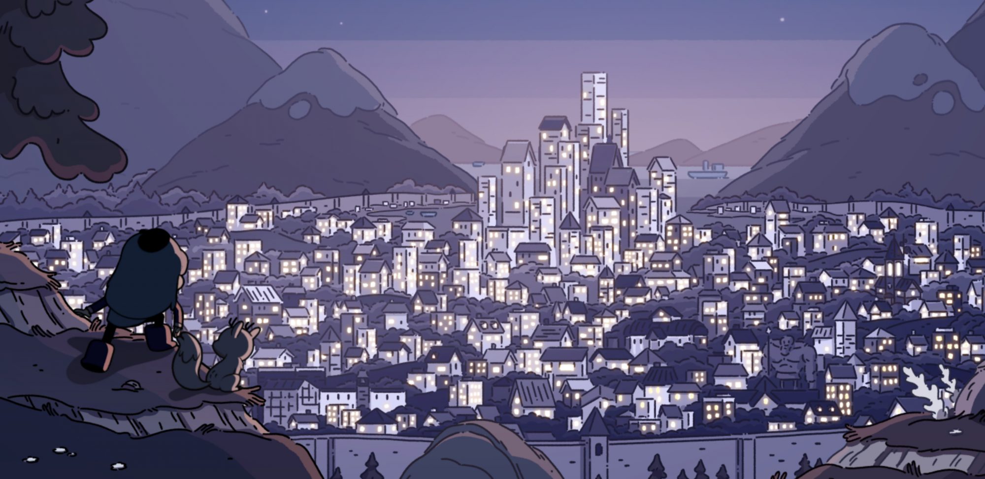 Hilda and Twig from Hilda climb up a hill that overlooks Trolberg at night,