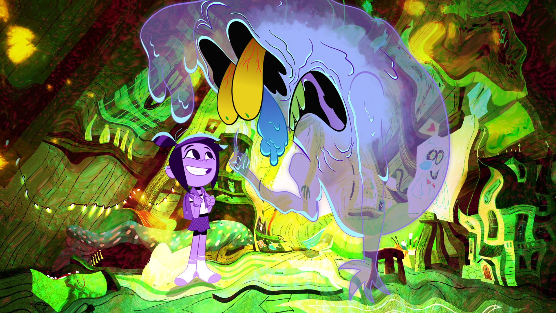 Scratch from The Ghost and Molly McGee looks down at a smiling Molly as he makes a terrifying face with his eyes popping out. The background behind them is green tinged and distorted.