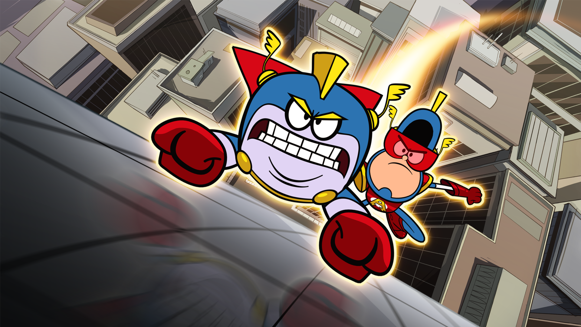 Joey and Atomic Puppet fly in the air together as they scale a building.