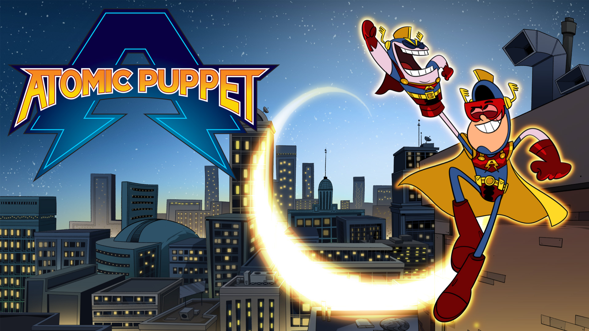 Joey has Atomic Puppet on his hand as they fly in the sky punching their fist in the air with a skyline scene at night behind them. The words ‘Atomic Puppet’ are overlayed.