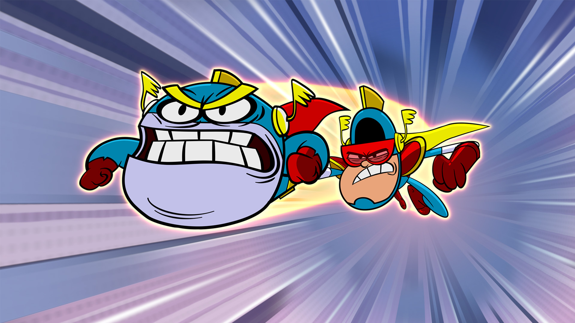 Joey has Atomic Puppet on his hand as they fly through the air together as if they’re about to attack.