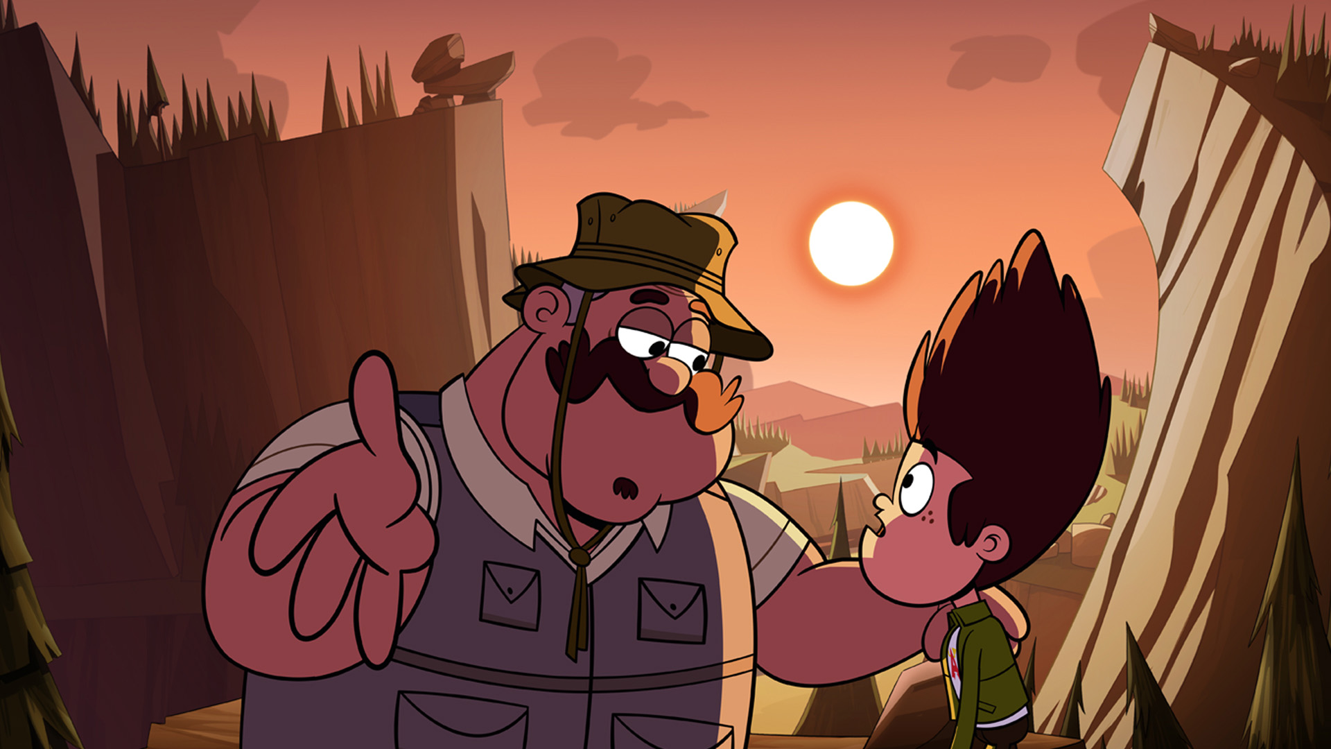 Joey and his dad Phil are talking outside while the sun sets behind them making a beautiful orange sky.