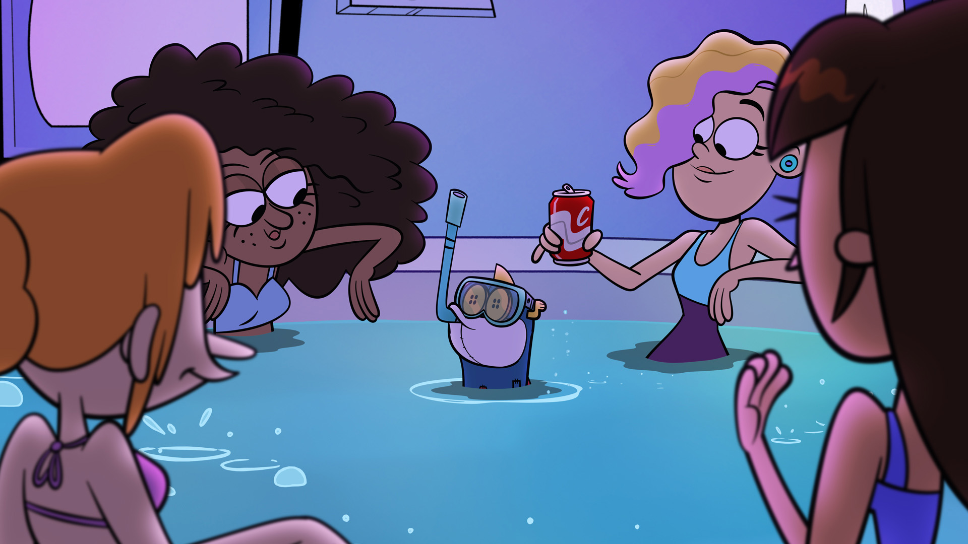 Atomic Puppet sits in a hot tub with a snorkel and swimming goggles as he's surrounded by women.