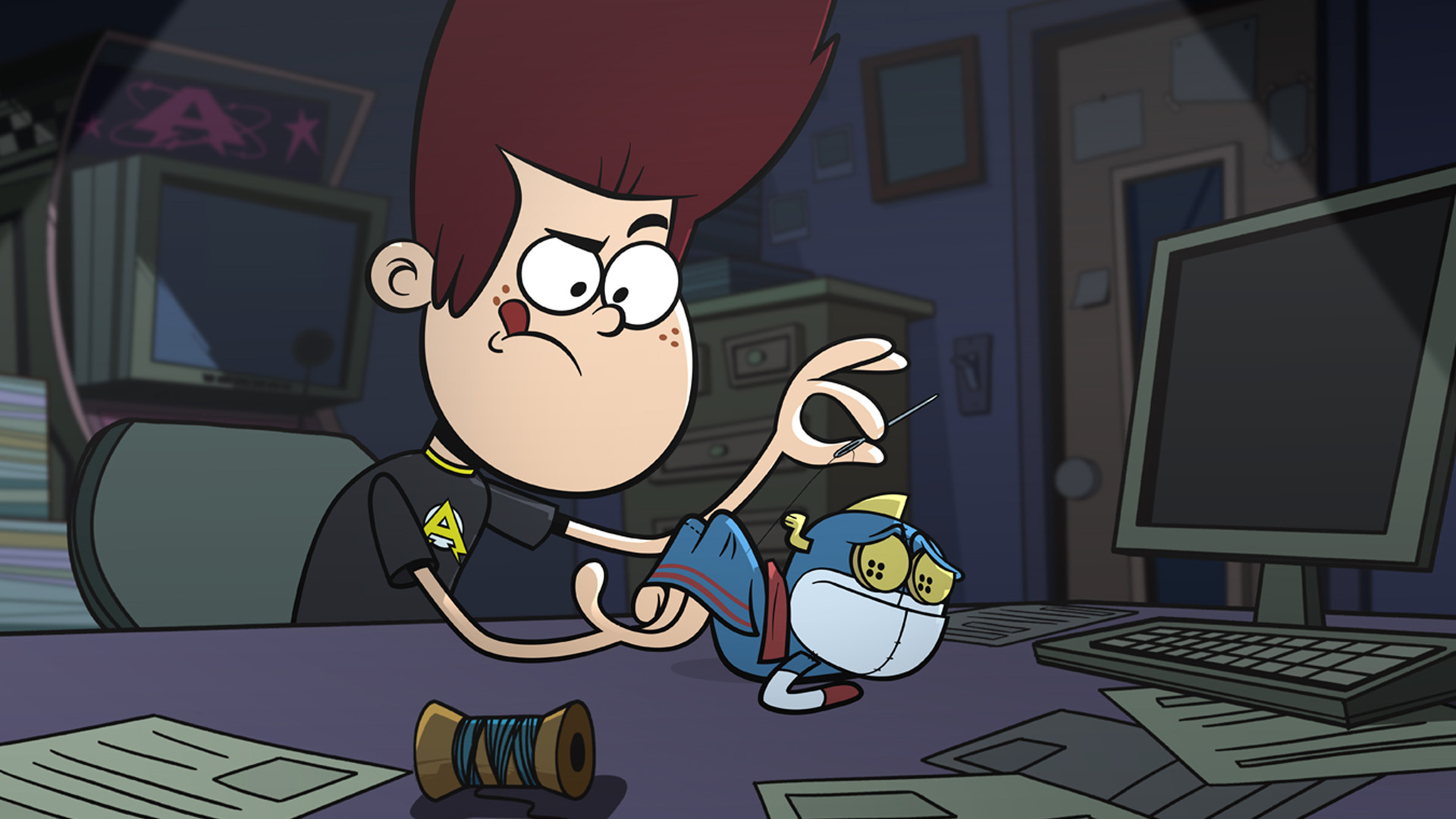 Joey sits at his computer desk holding Atomic Puppet as he sews his backside. Atomic Puppet looks worried.