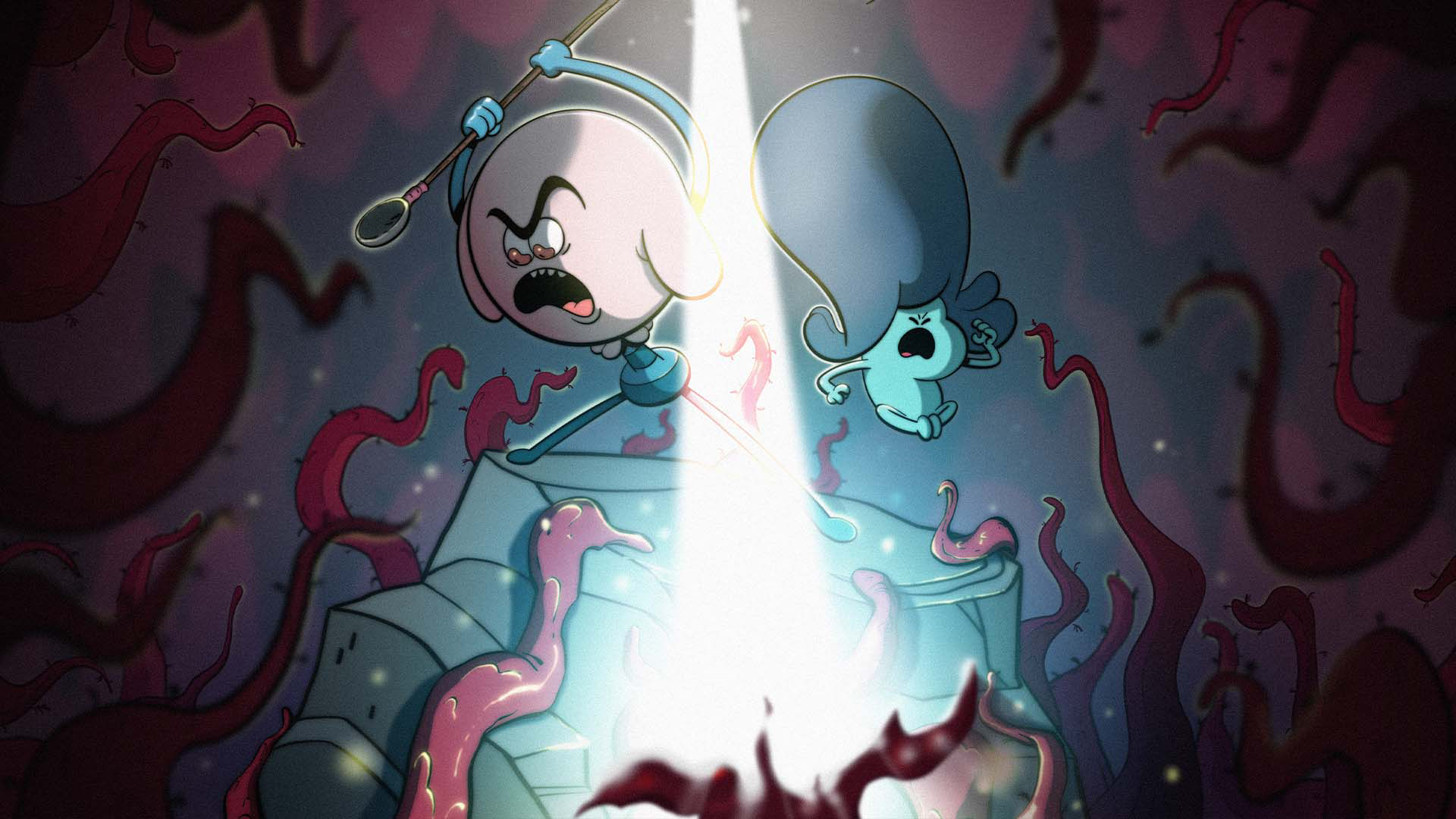 Bloopy and the Pie Purest battle with the tentacles of Purple James in a underground setting. A laser beam cuts through the middle of the characters destroying the foreground tentacles.