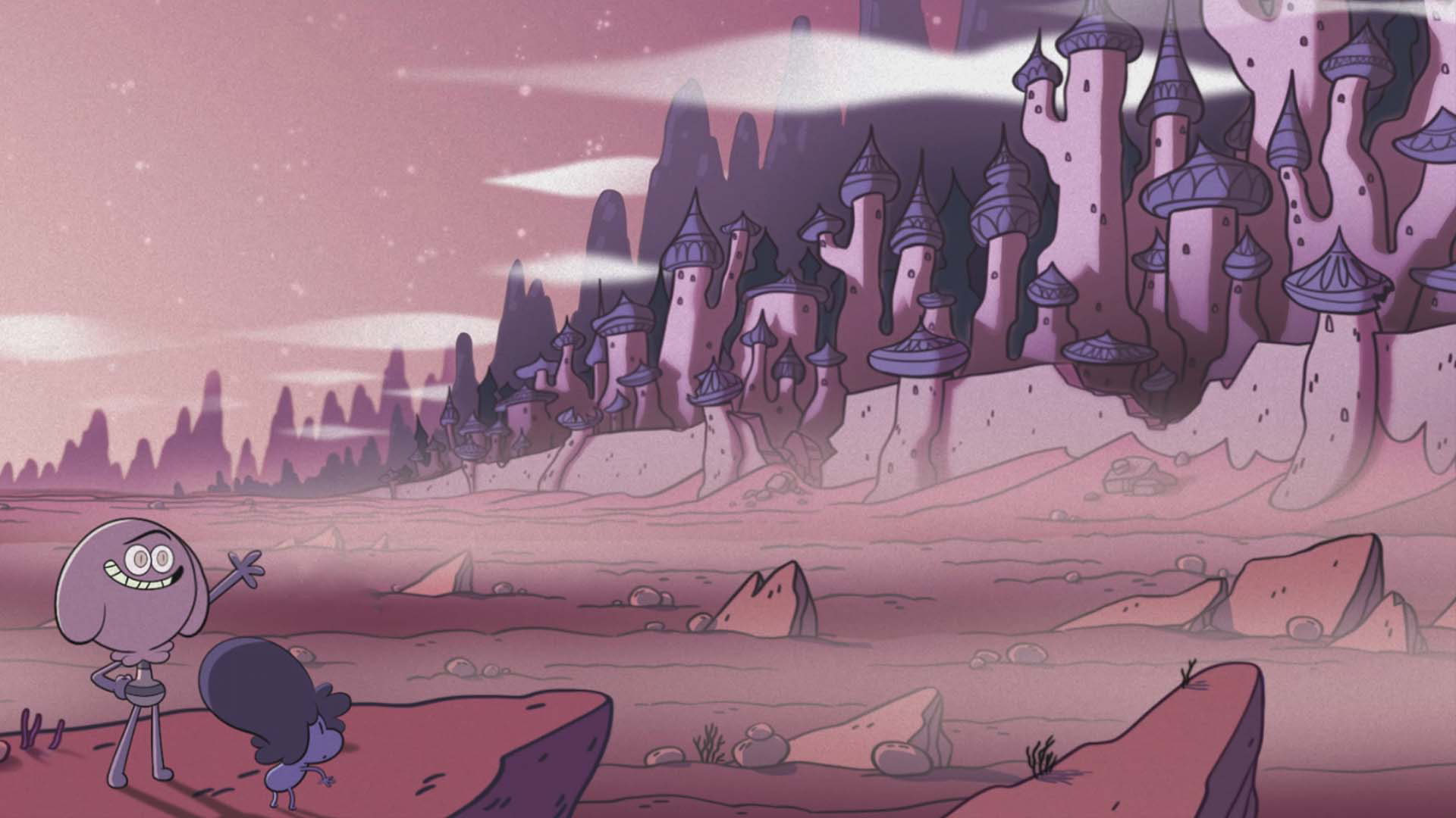 Bloopy and the Pie Purest on ledge in the foreground pointing to the city of Quaeb in the distance.