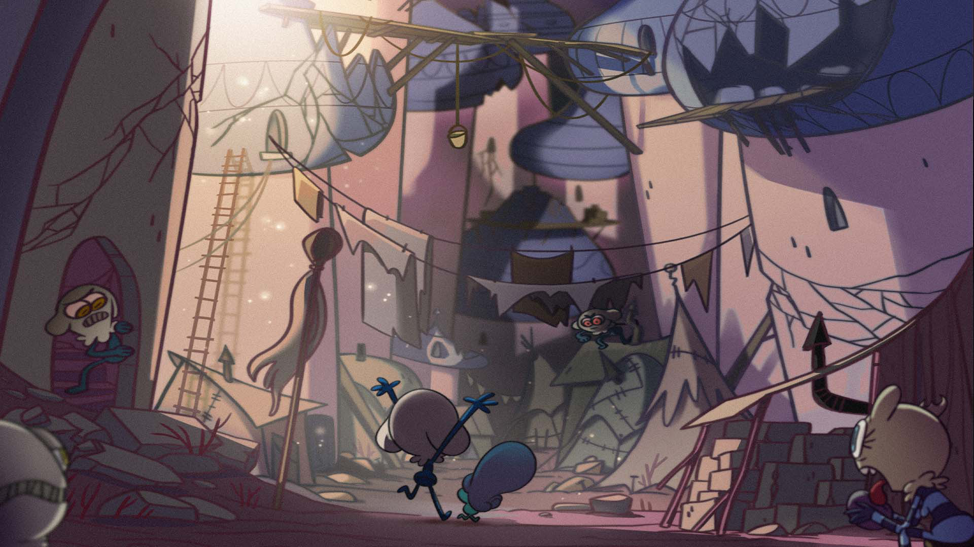 Bloopy and the pie purest arrive at Quaeb. Angry citizens lick rocks in the foreground.