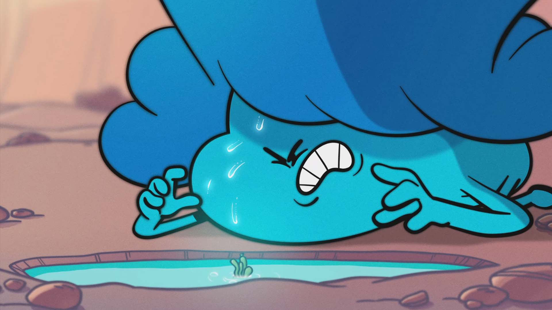 Bloopy on the ground tries hard to use his powers to grow a tiny plant in a pool of water. 