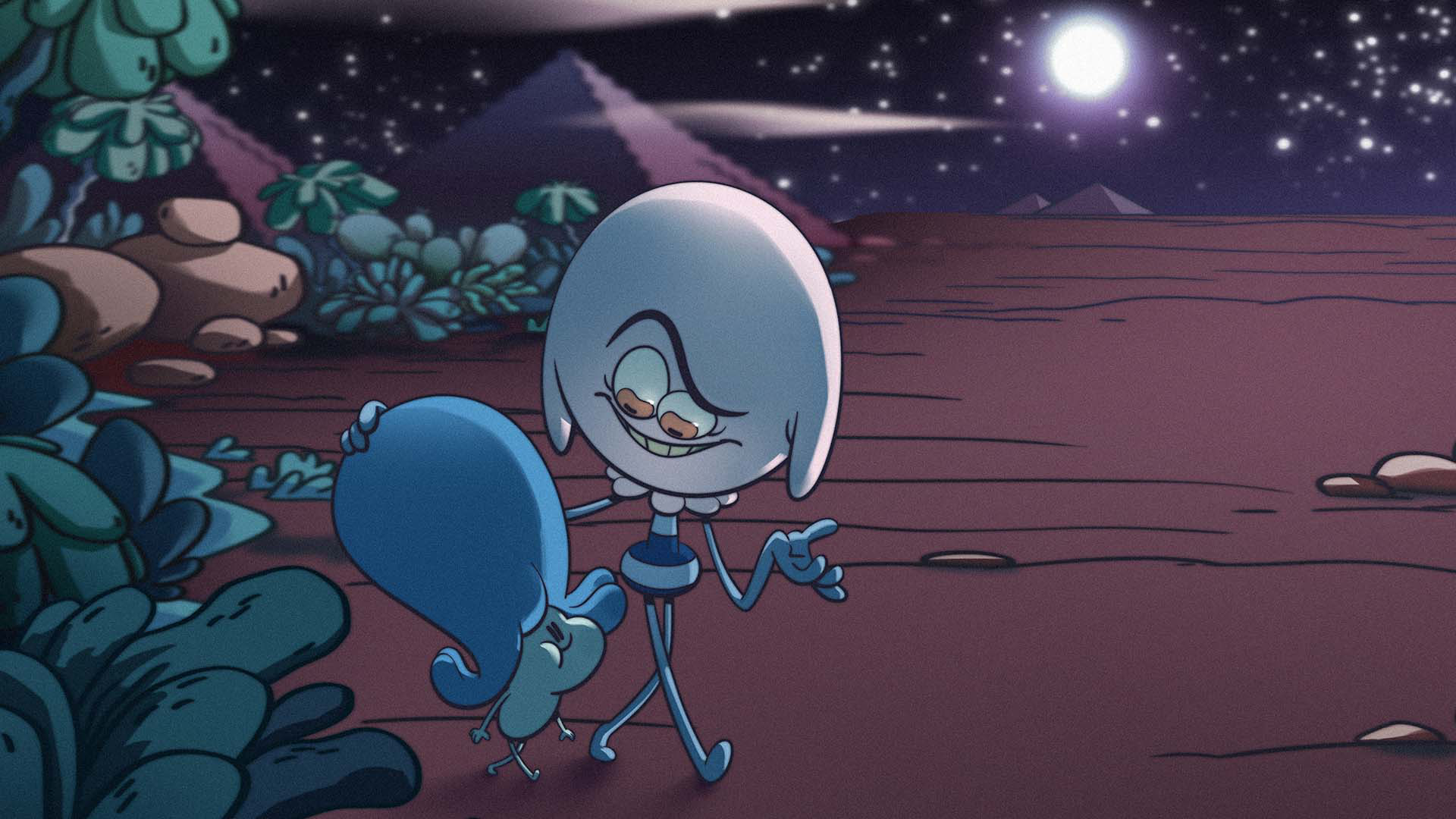 Bloopy and The Pie Purest walk together as the moon beams behind them in the night sky.