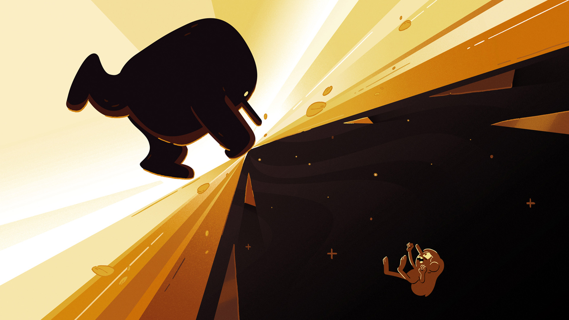 A troll punches the ground shattering it around itself as troll Hilda falls into to a dark oblivion.