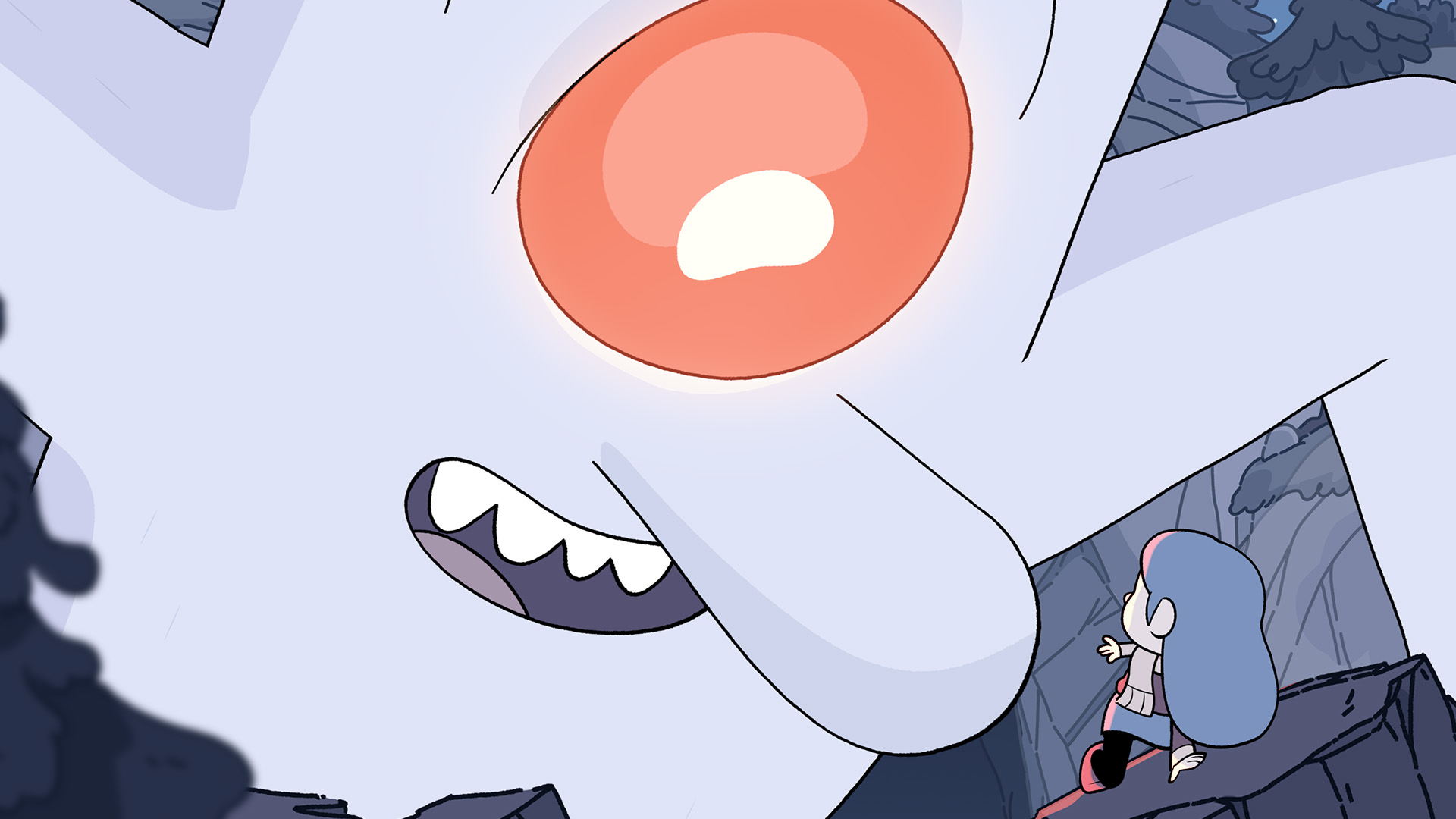 A giant troll with a red eye stares at Hilda closely while she sits on a rock with her arm up in defense.