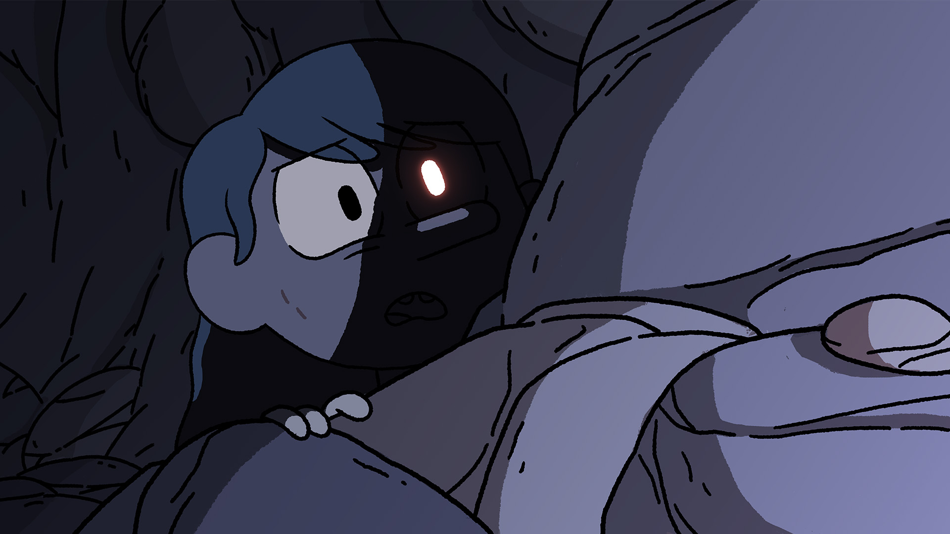 Troll Hilda peers out from behind a rock while a shadow covers half her face making her eye glow in the darkness.