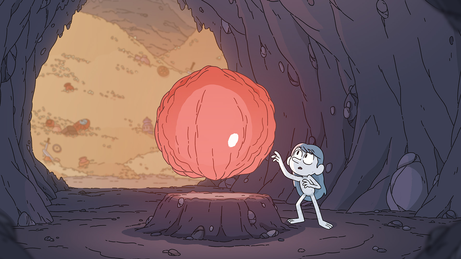 Troll Hilda reaches her hand towards a floating red object glowing inside a dark cave.