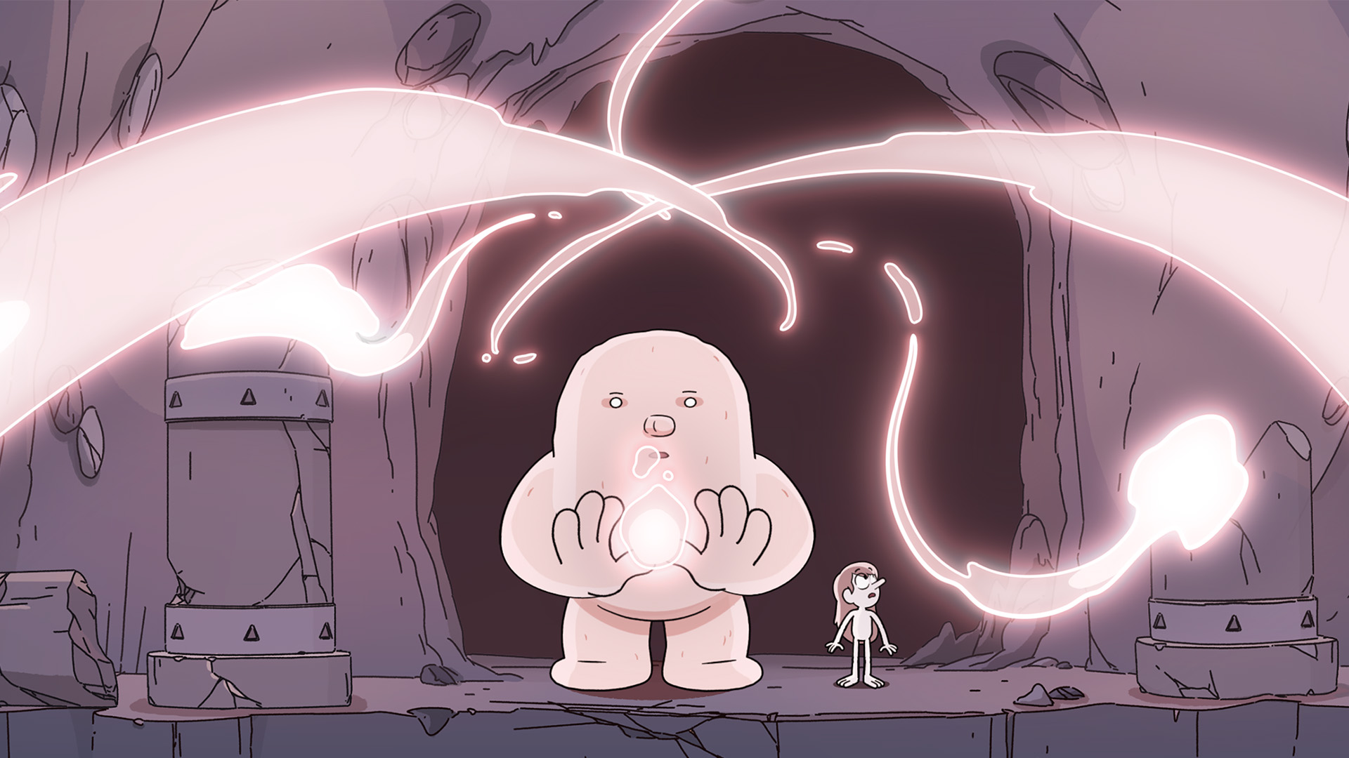 Troll Hilda stands beside a troll in a cave holding a floating light while more lights swirl around them.