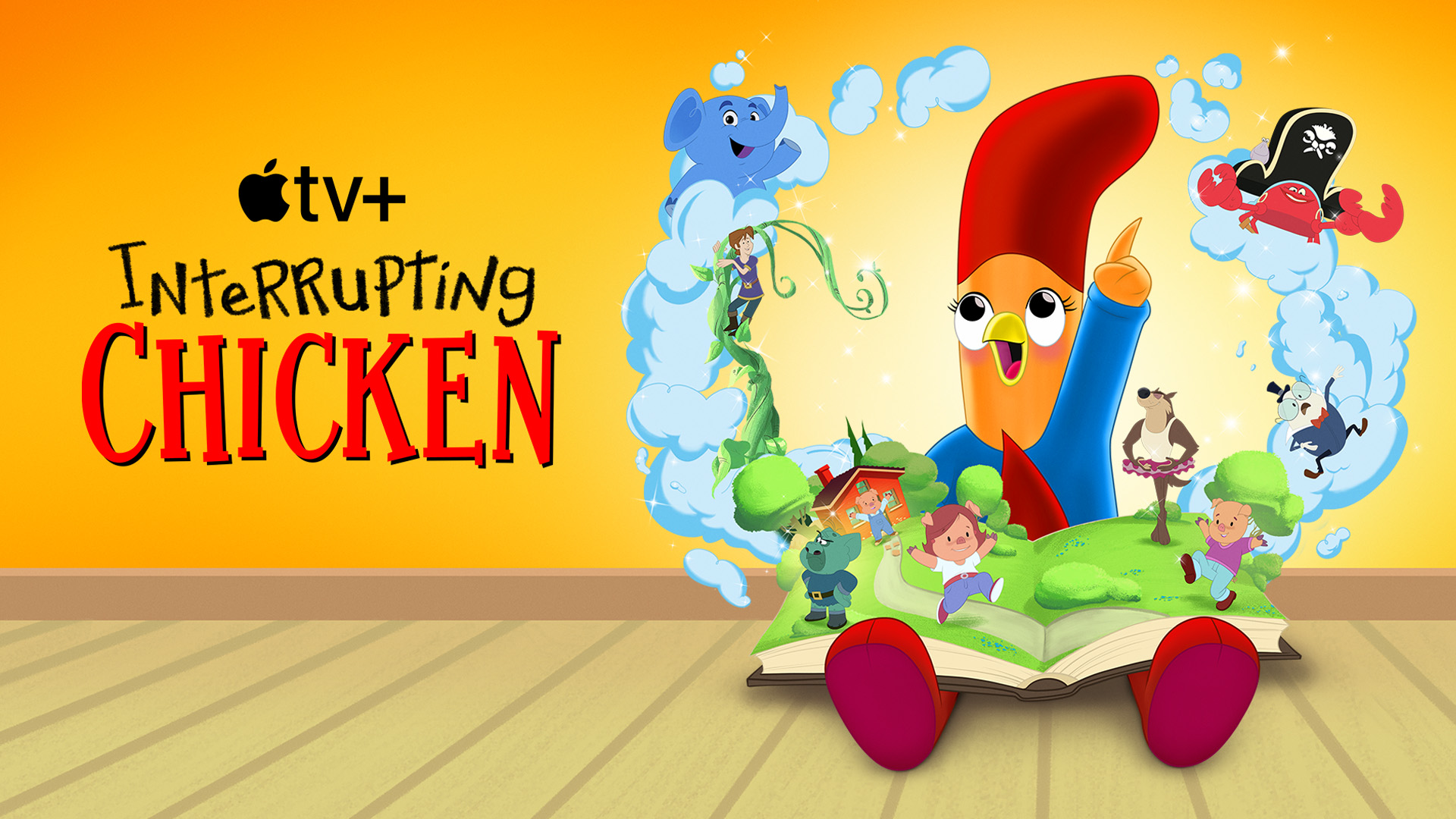 Piper from the Interrupting Chicken sits on the floor with a book open as characters from the series pop up out of the book. The words 'Interrupting Chicken' are overlayed.