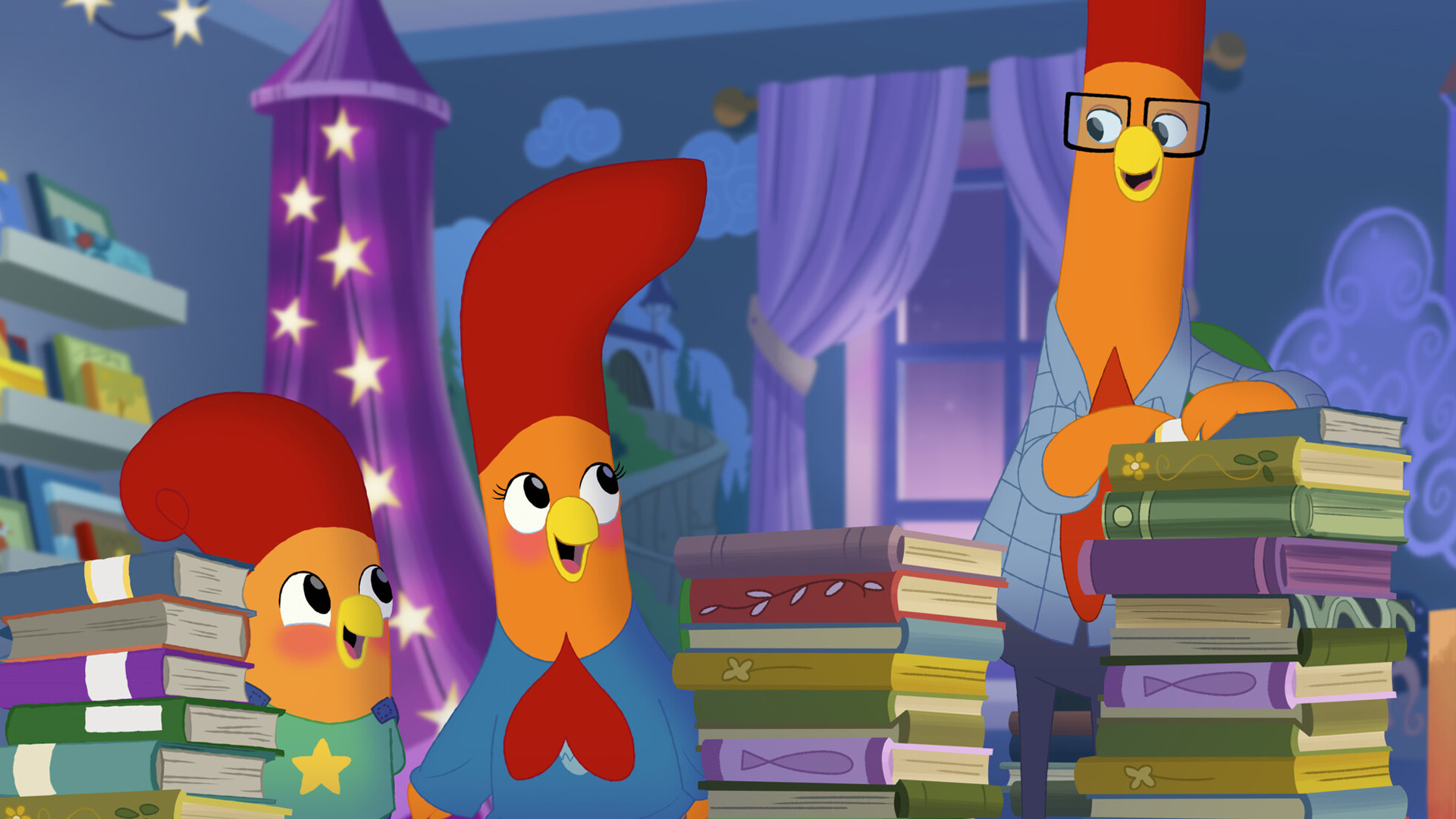 Piper and her little sibling from The Interrupting Chicken stare up at their father as he leans against a tower of books.