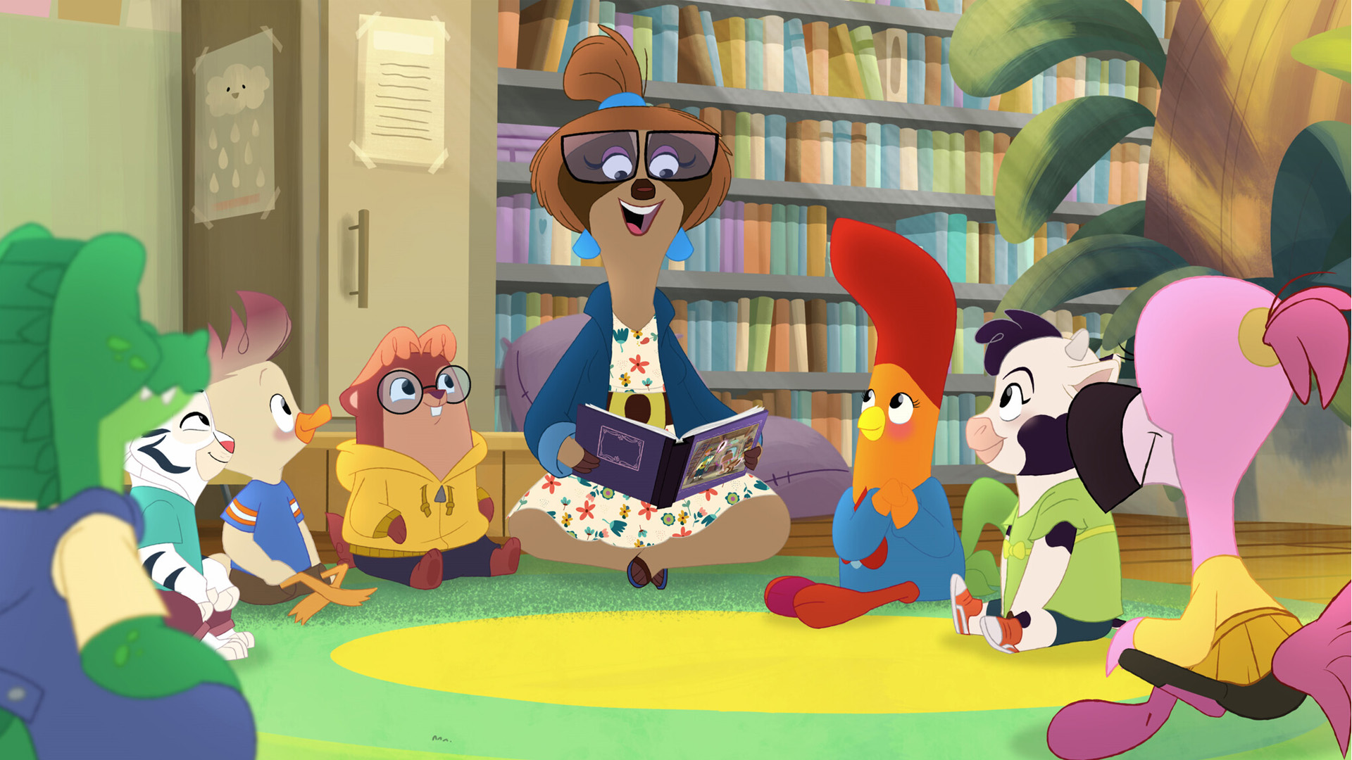 Mrs. Slothworth from The Interrupting Chicken reads a book in class as Piper and her friends listen.