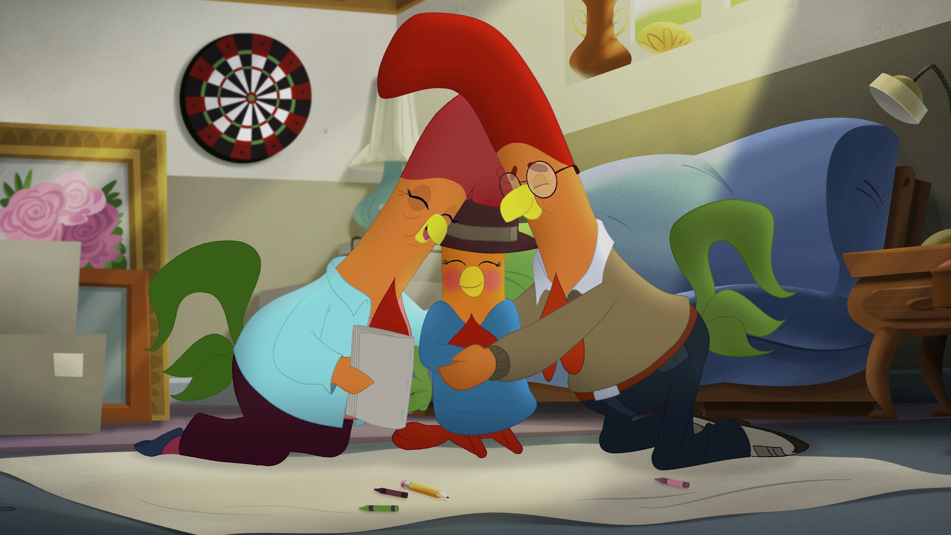 Piper and her grandparents from The Interrupting Chicken have a family hug as crayons and paper are spread out on the floor.