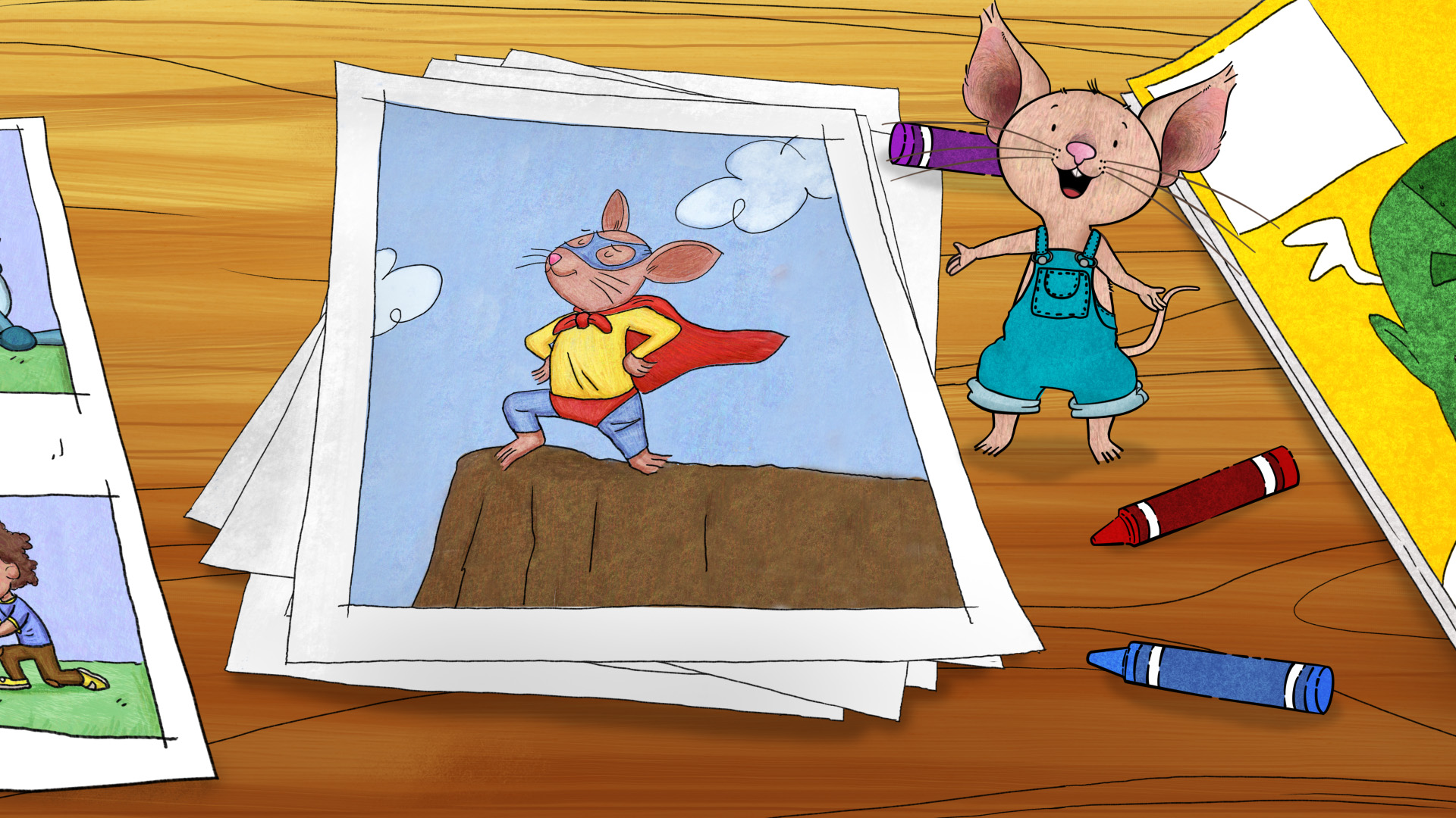 Mouse from If You Give a Mouse a Cookie standing on a table beside a drawing of himself as a superhero proudly while crayons are scattered around.