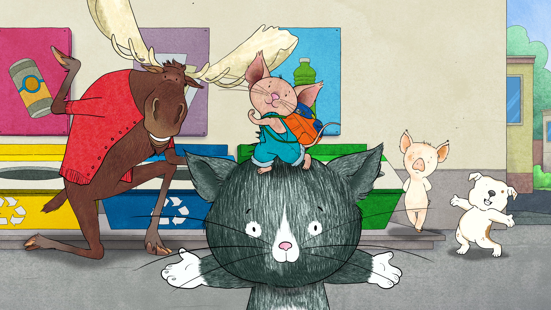 Mouse from If You Give a Mouse a Cookie stands on top of Cat’s head flexing his arm while Moose, Pig, and Dog are posing behind them.