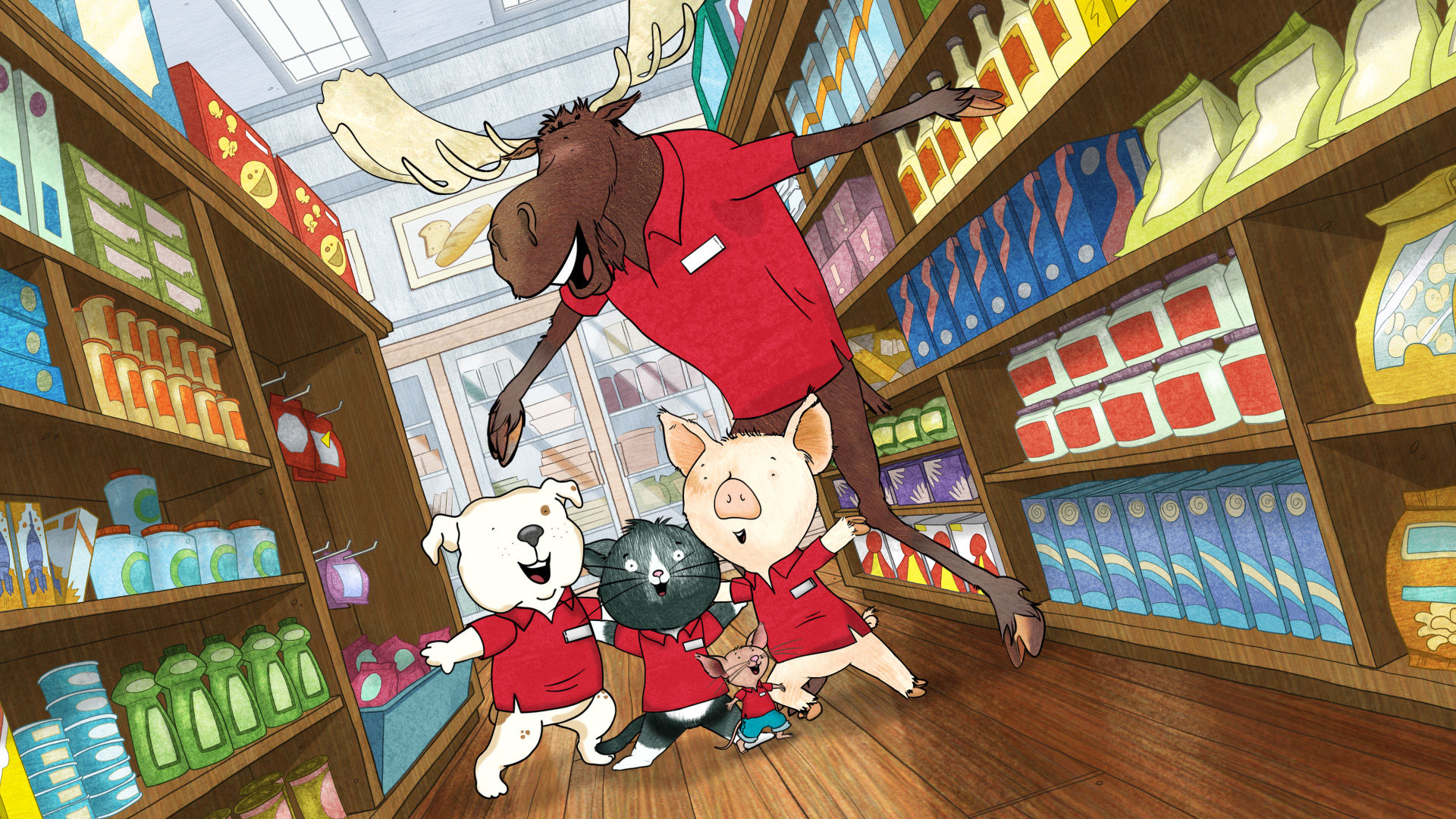 Moose, Dog, Pig, Cat, and Mouse from If You Give a Mouse a Cookie are in a grocery store aisle posing as they wear red employee shirts with nametags.