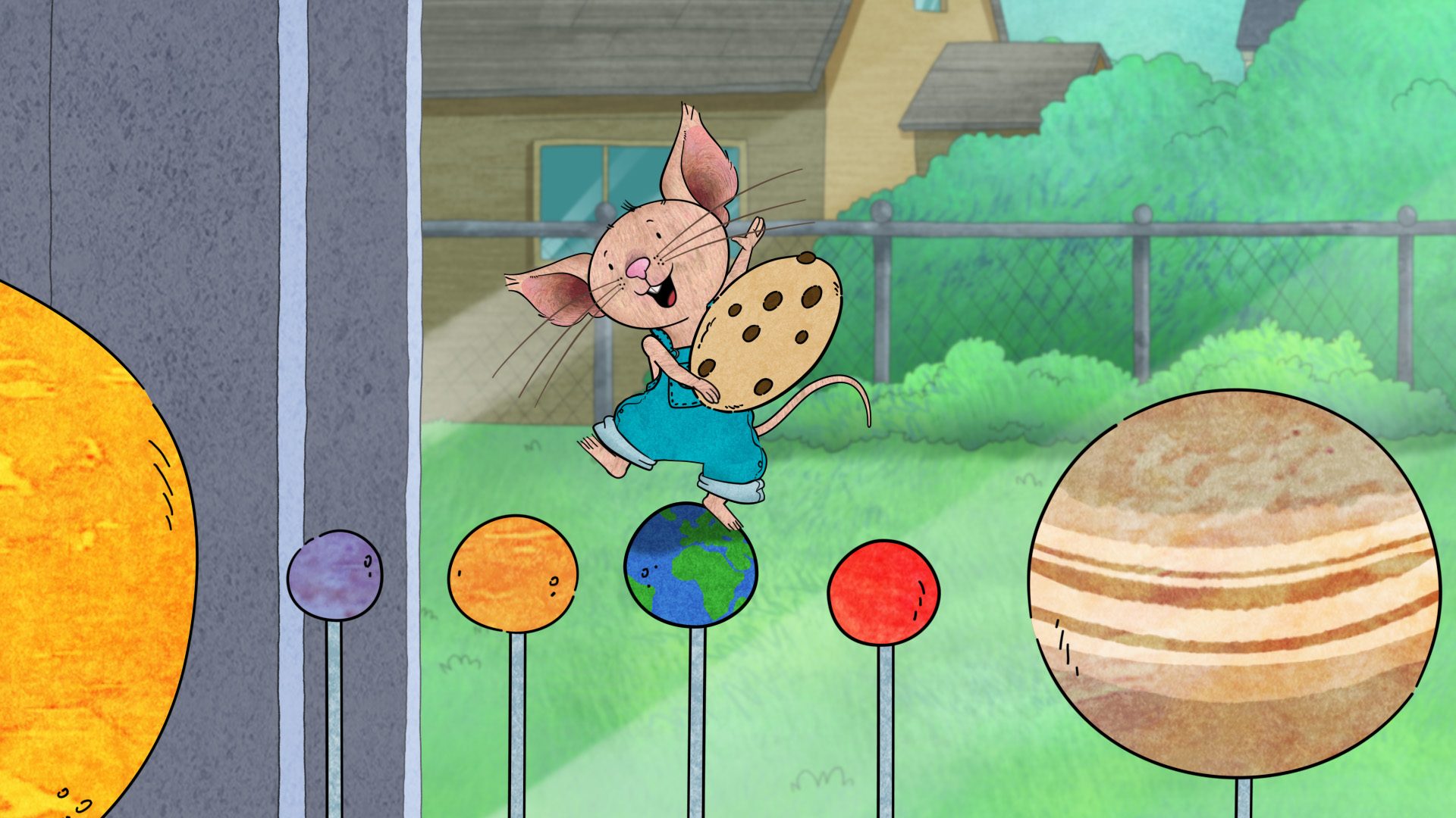 Mouse from If You Give a Mouse a Cookie stands on the earth from a solar system model on one foot while holding a cookie.