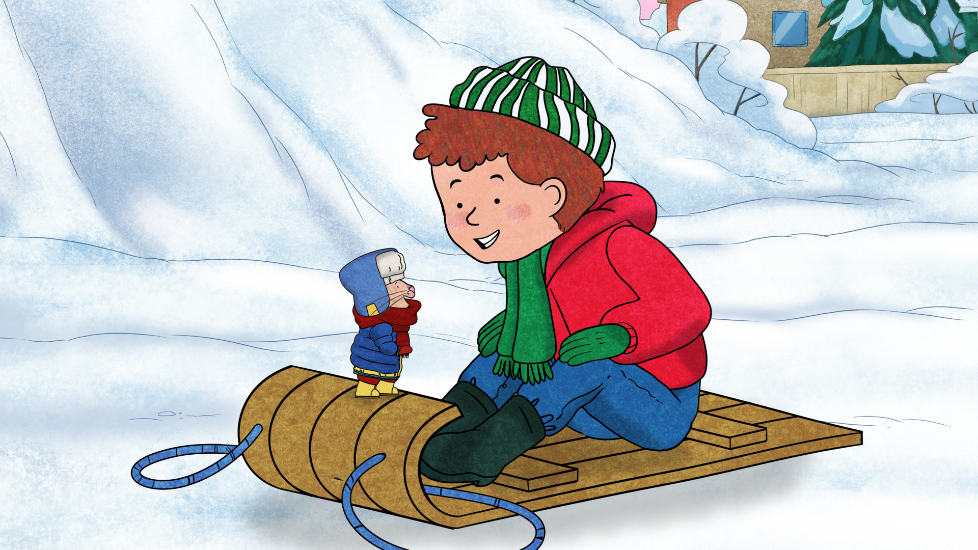 Mouse and Oliver from If You Give a Mouse a Cookie sitting on a wooden sled together in the snow as they wear winter clothes.