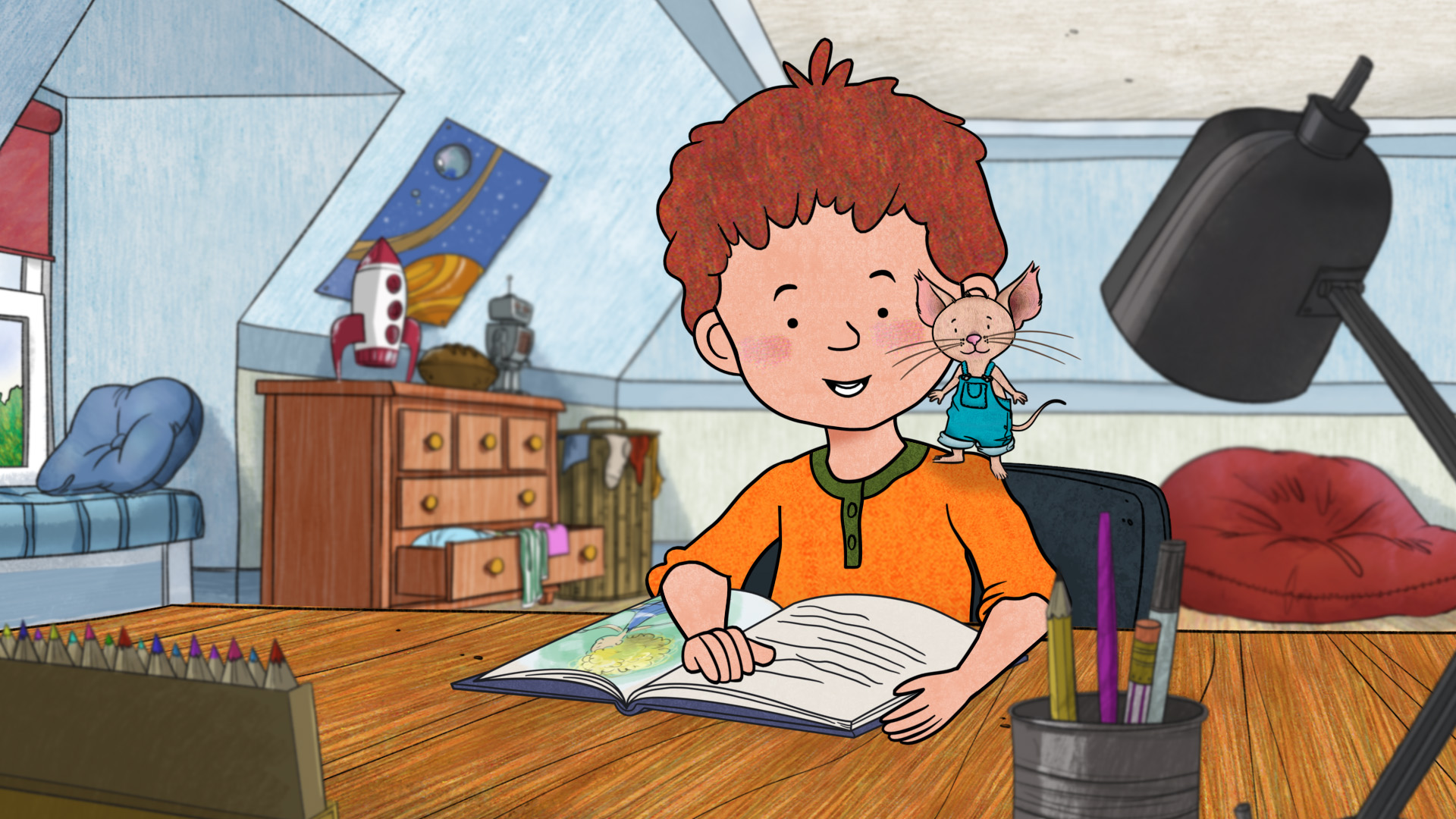 Oliver and Mouse from If You Give a Mouse a Cookie are reading a book together in Oliver’s room as Mouse sits on his shoulder.