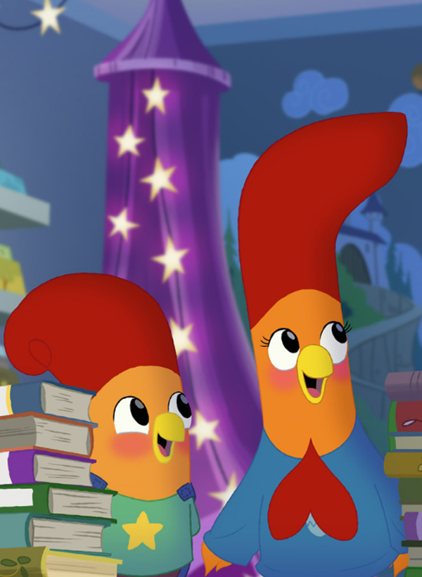 Piper from the Interrupting Chicken and her little sibling stare up in excitement.