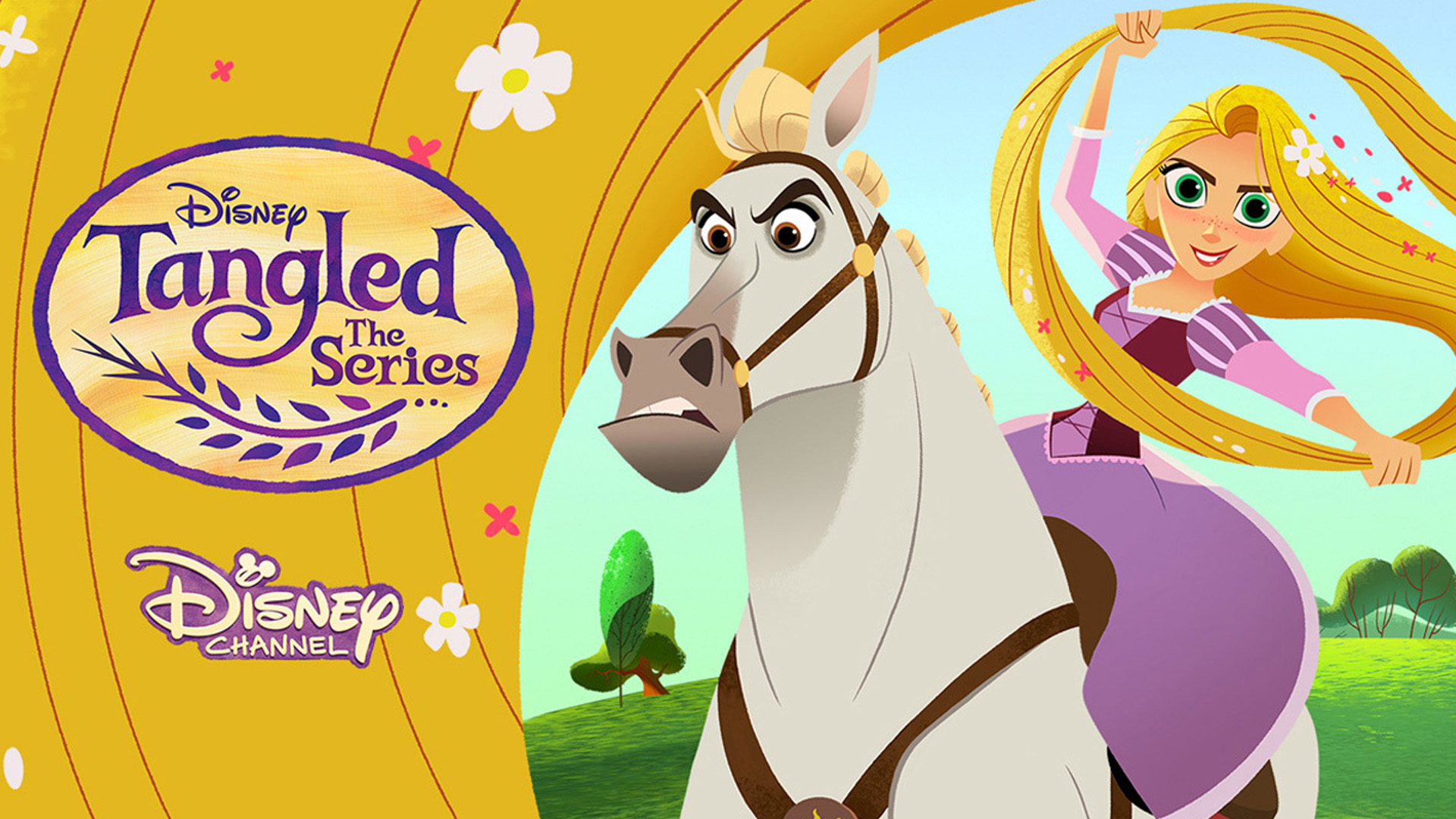 Rapunzel from Tangled rides her horse Maximus as she holds her hair in her hands while Eugene and Cassandra pose in the background. The words ‘Tangled the Series’ are overlayed.