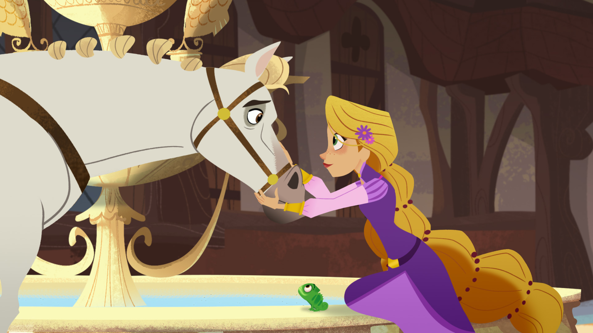 Rapunzel from Tangled holds Maximus the horse’s nose as they stare closely at each other and sit next to an ornate fountain.