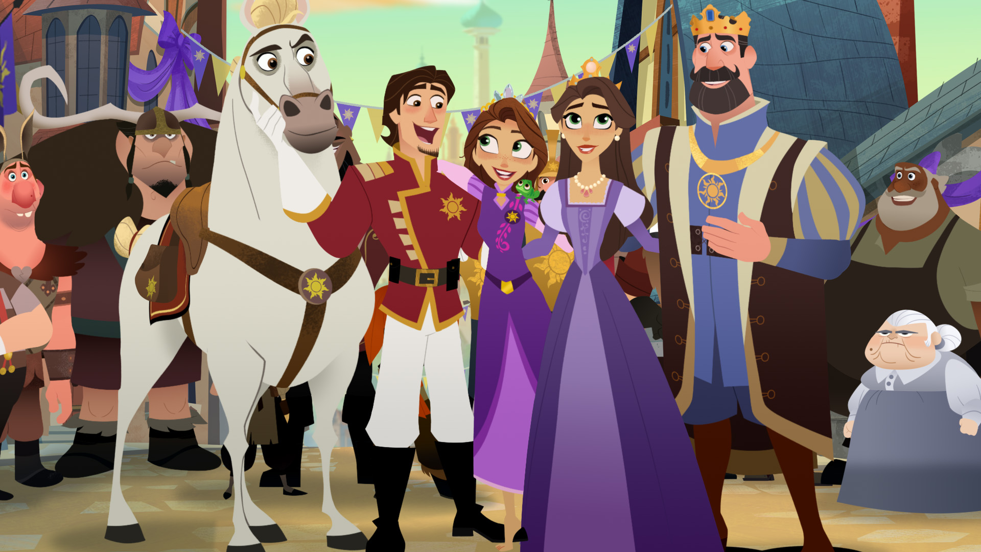 Rapunzel, Eugene, Queen Arianna, King Frederic, and Maximus the horse from Tangled stand shoulder to shoulder smiling at each other as townspeople watch them from behind.