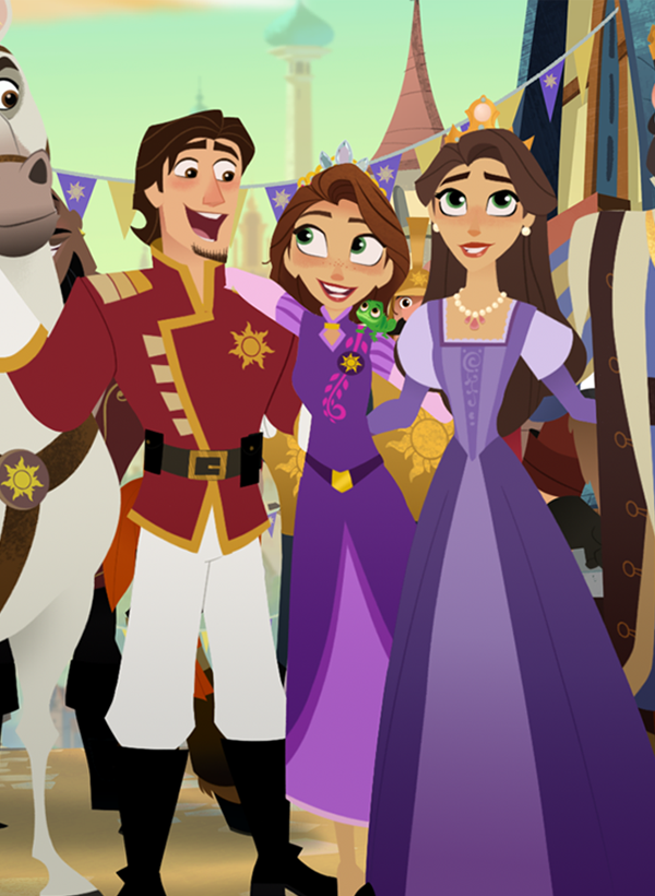 Rapunzel, Eugene, Queen Arianna, King Frederic, and Maximus the horse from Tangled stand shoulder to shoulder smiling at each other as townspeople watch them from behind.
