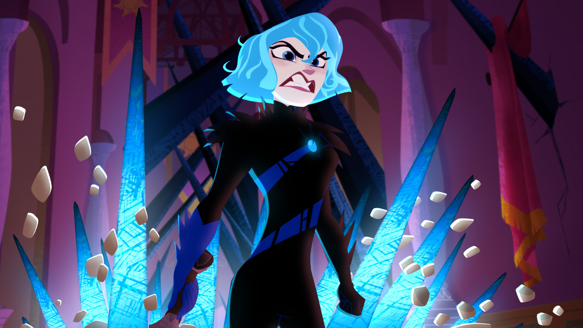 Cassandra from Tangled is in a cave with an angry look on her face as her fists are clenched at her sides. Ice and rocks are propelling up from the ground beneath her.
