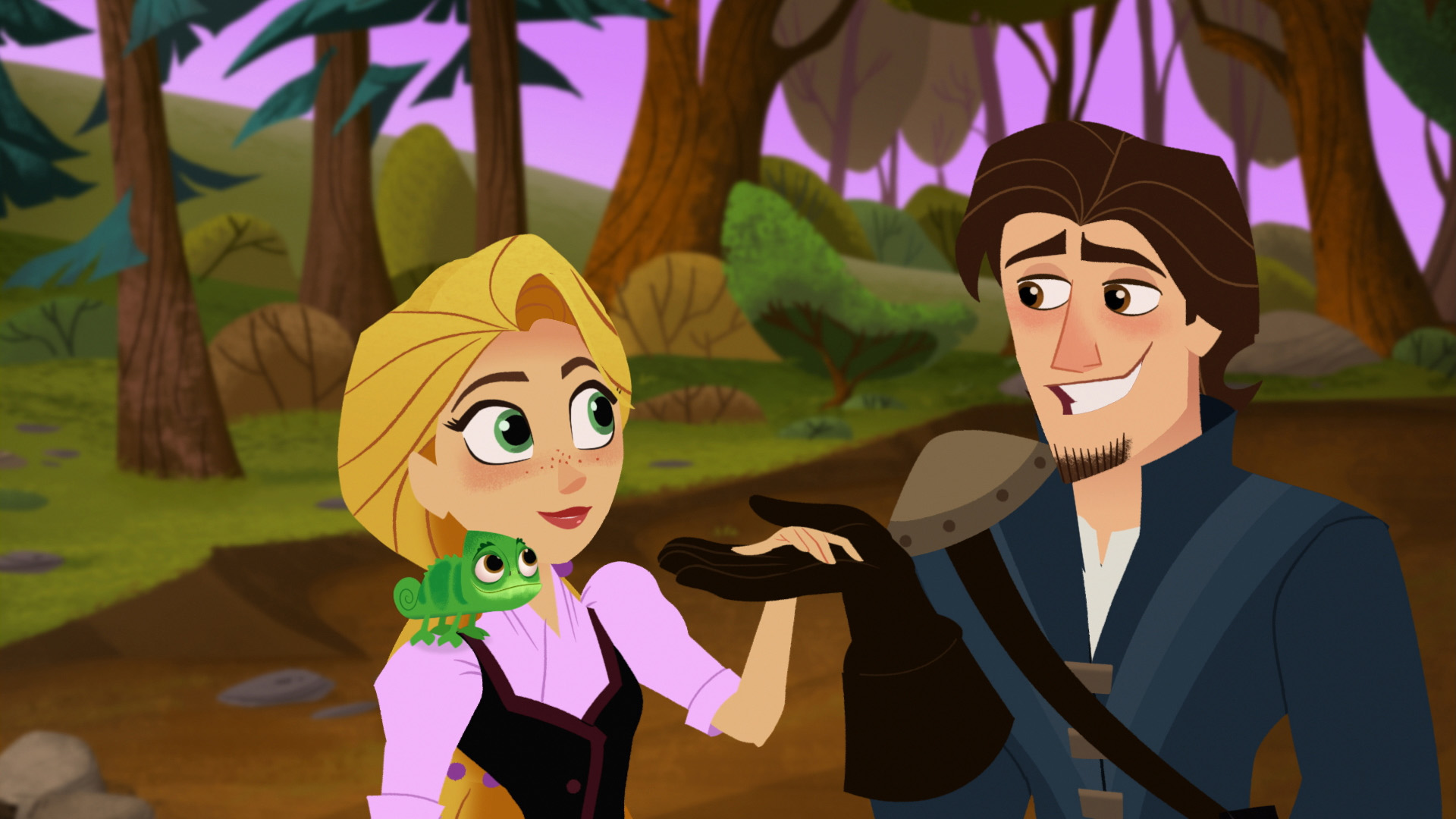 Rapunzel and Eugene from Tangled are in a forest as Rapunzel rests her hand on Eugene’s smiling at him. Pascal the chameleon sits on her shoulder.