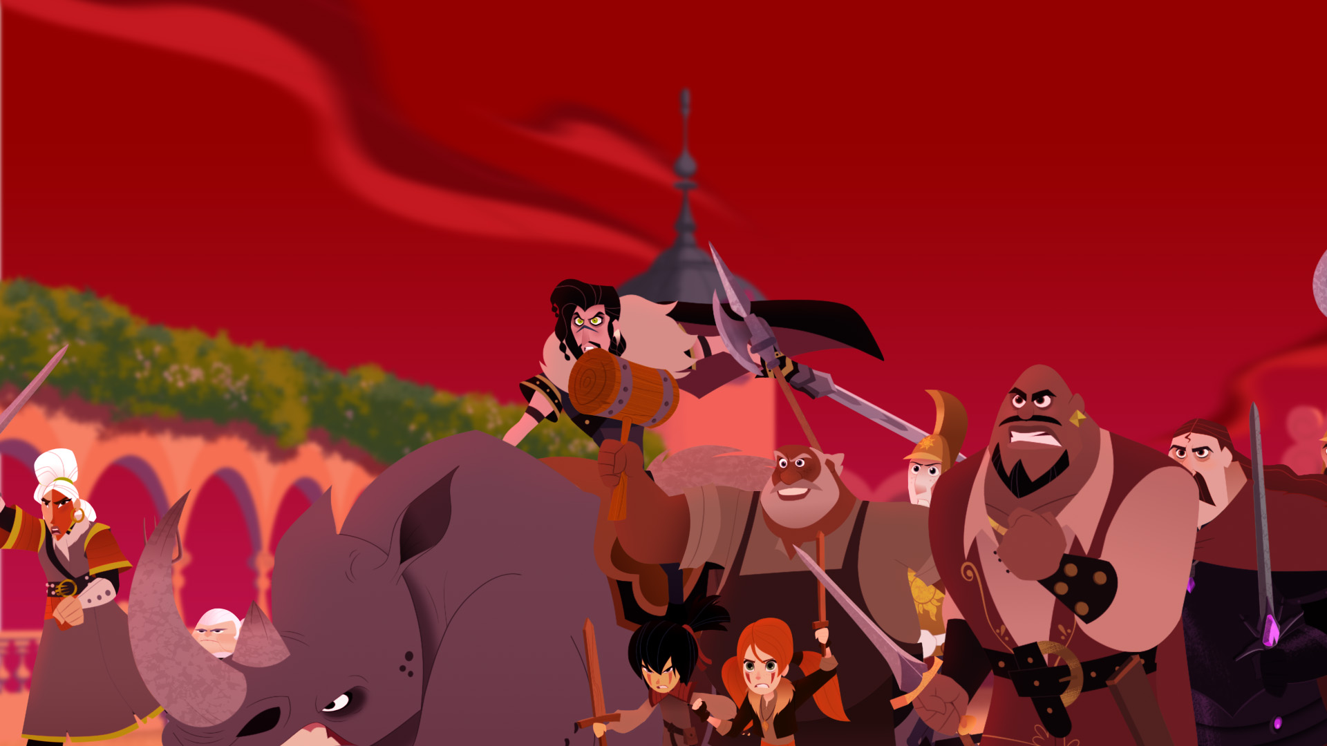 Characters from Tangled hold swords and weapons about to strike an attack as a menacing red sky looms behind them.