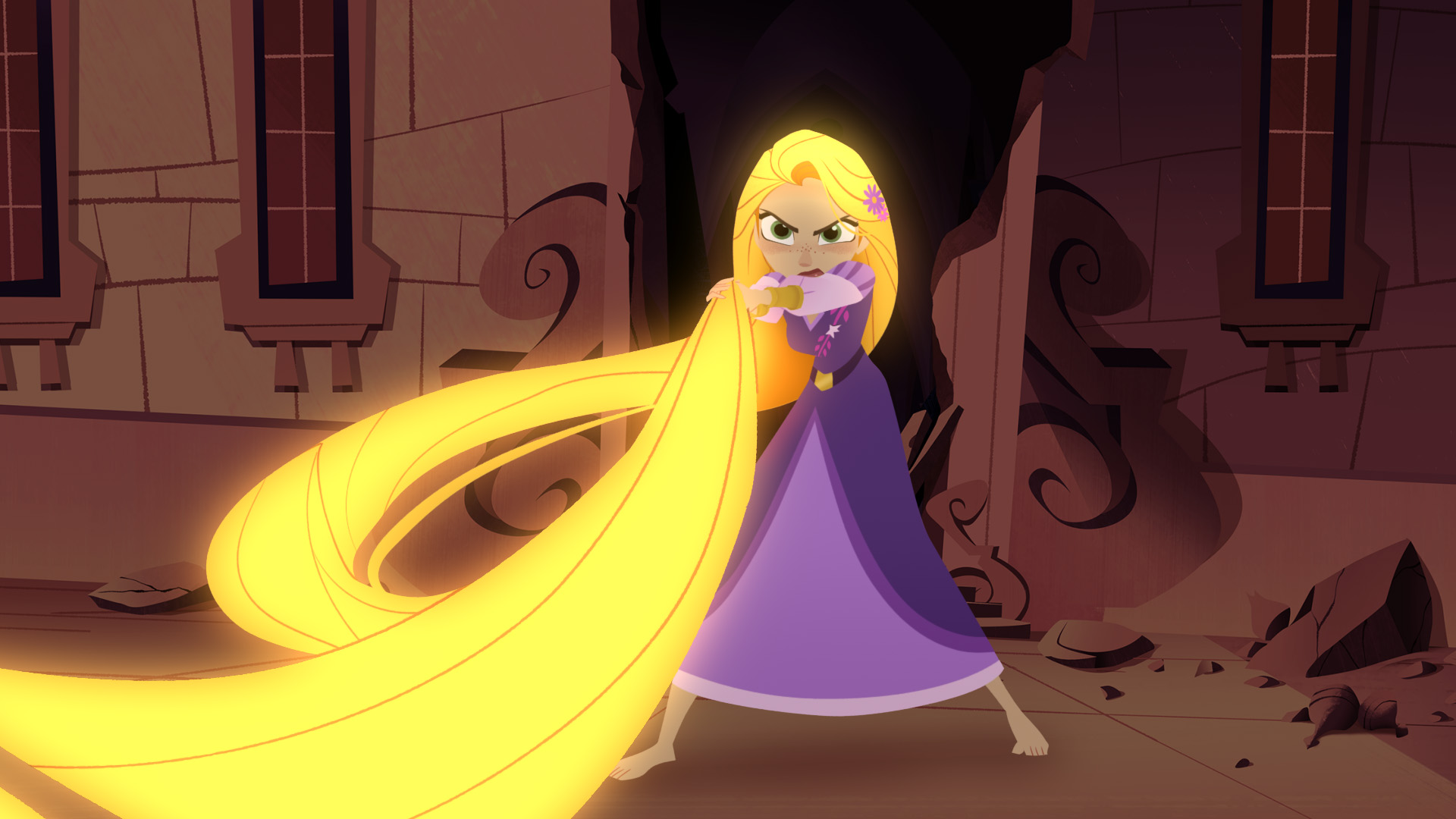 Rapunzel from Tangled holds her glowing gold hair in her hands like a rope as she looks on determined.